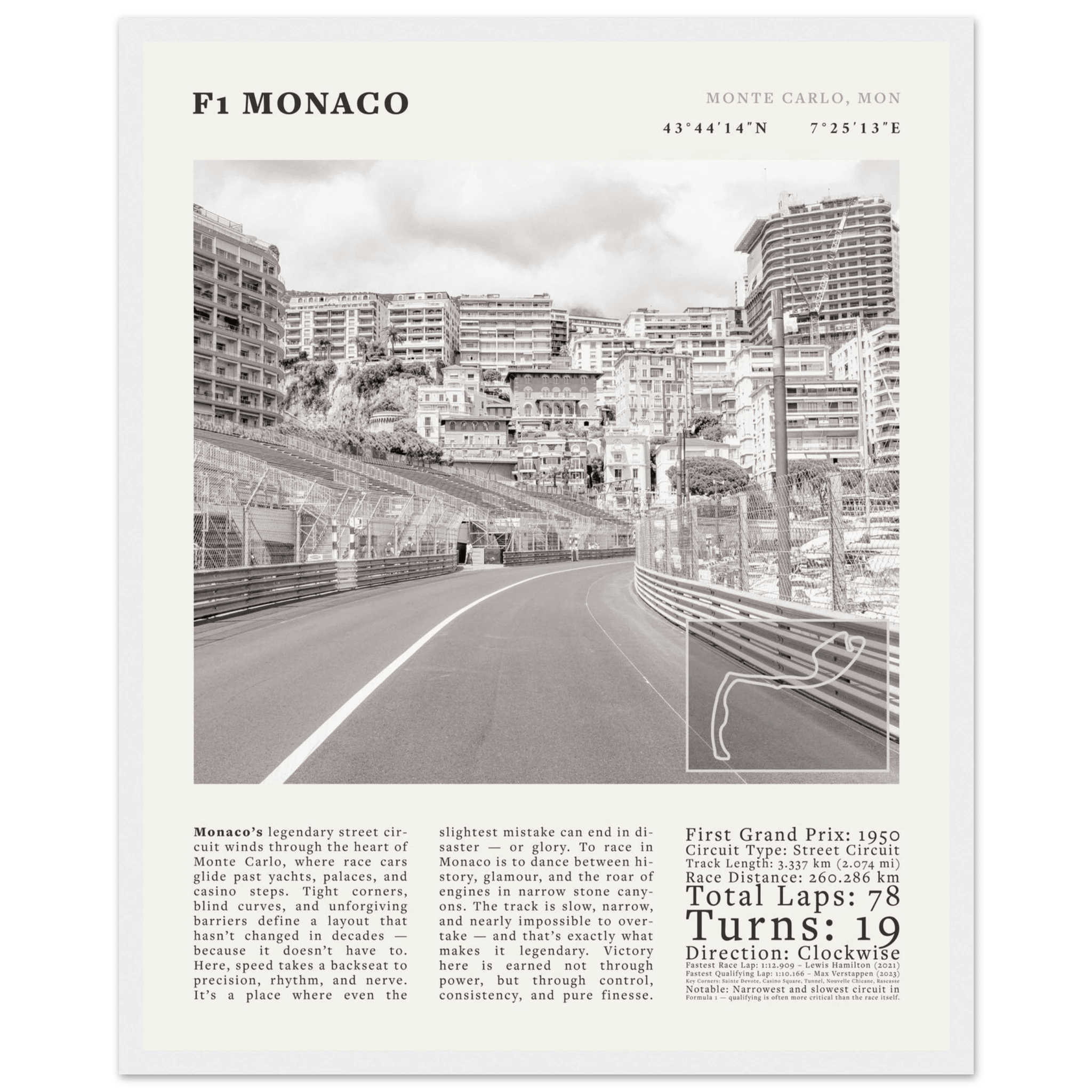 F1 Monaco Poster Black and White – Vintage Monte Carlo Street Circuit Print (Digital & Printed Options) - Evergreen Posters