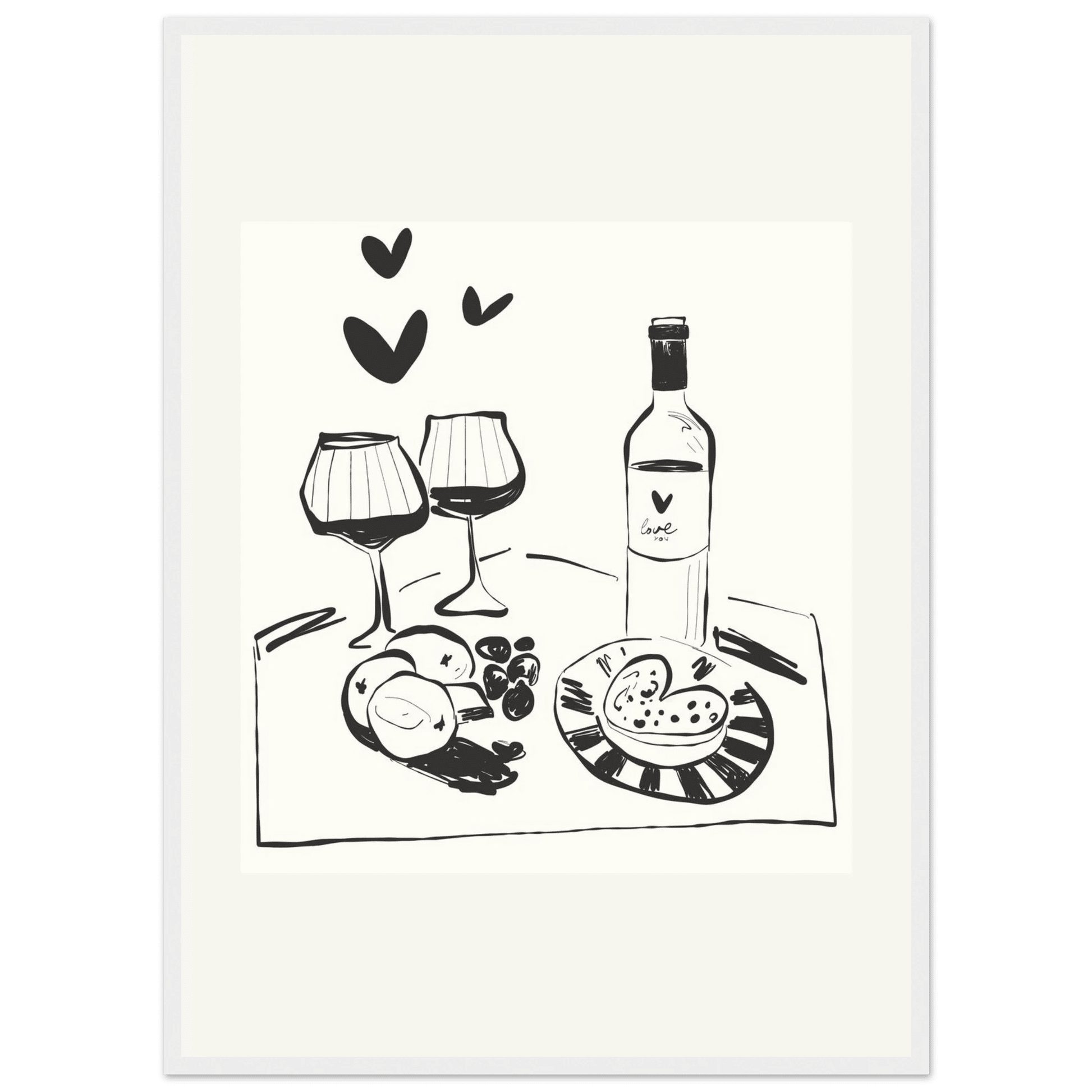 Wine for Two Print | Black Line Art Romantic Kitchen Wall Art | Couples Poster - Evergreen Posters