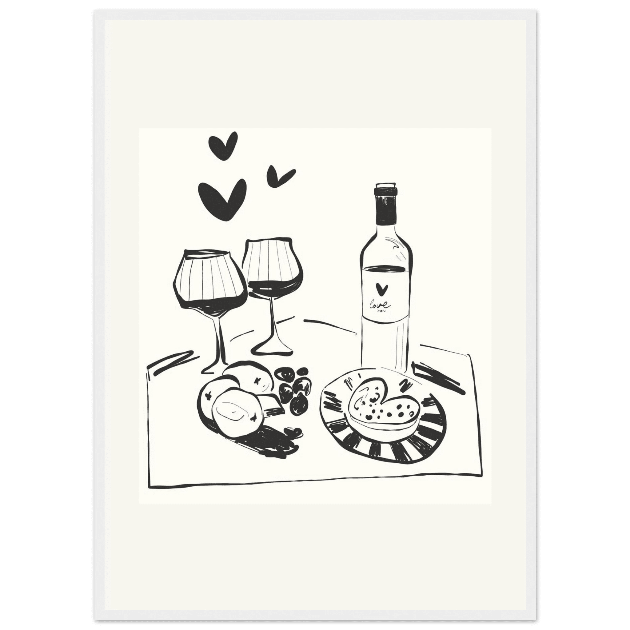 Wine for Two Print | Black Line Art Romantic Kitchen Wall Art | Couples Poster - Evergreen Posters