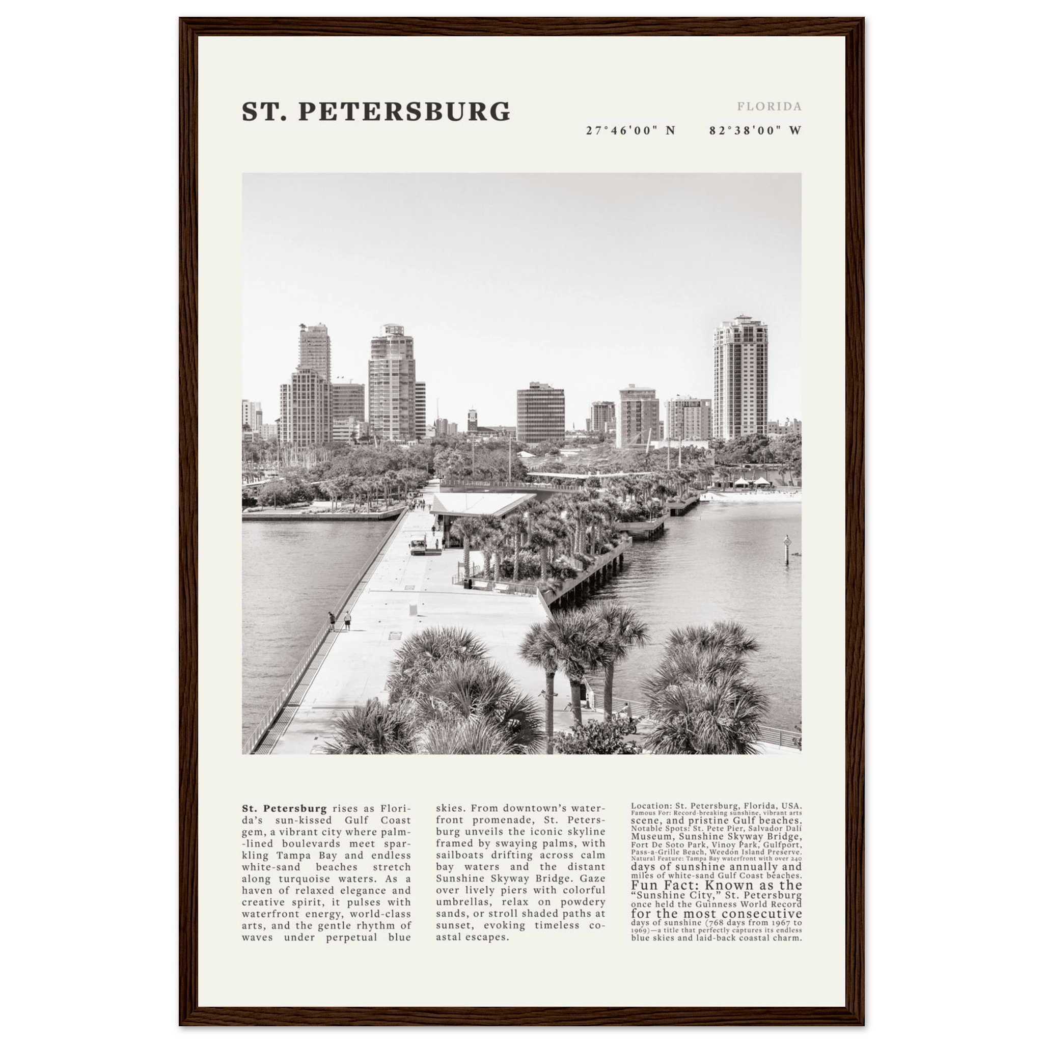 St. Petersburg Florida Poster Black and White – Vintage St Pete Skyline Print (Digital & Printed Options) - Evergreen Posters