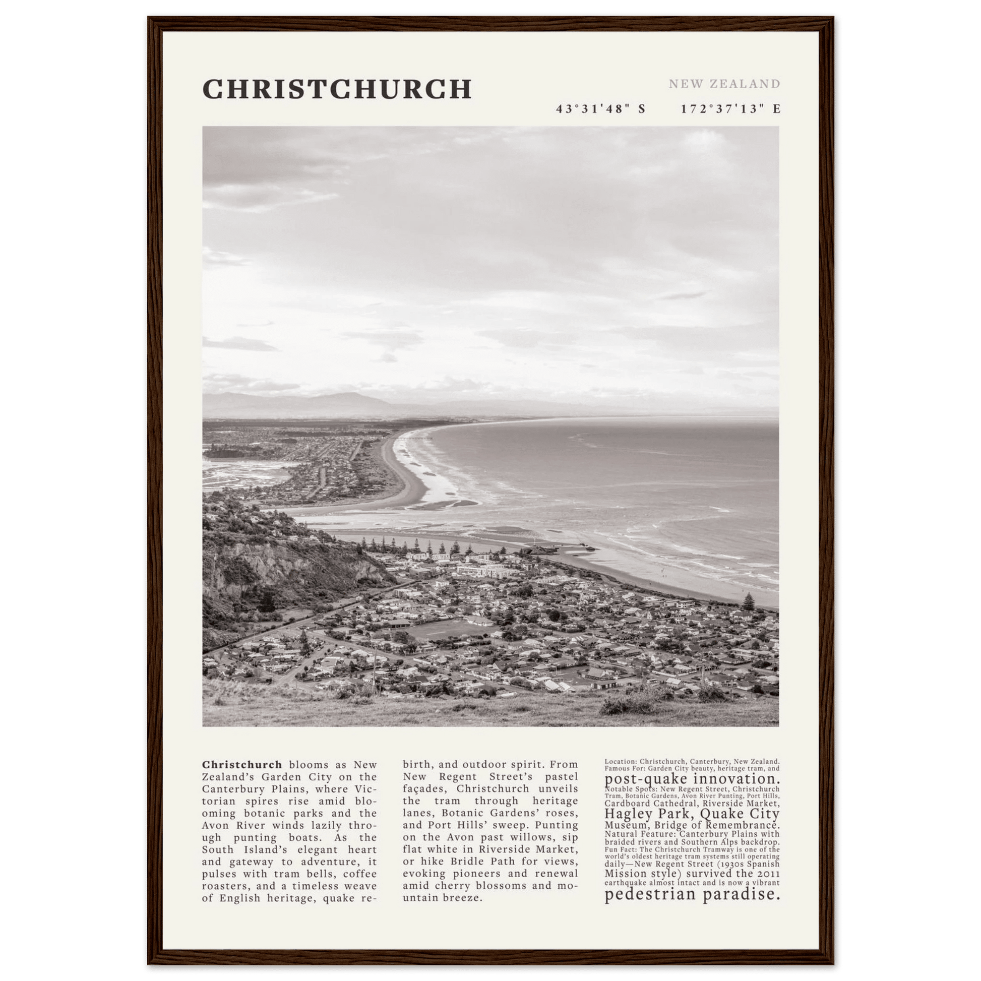 Christchurch New Zealand Poster Black and White – Vintage Garden City Panorama Print - Evergreen Posters