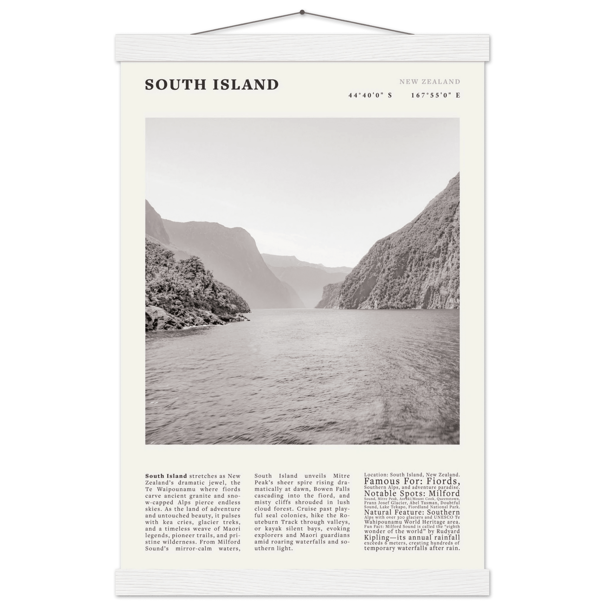 South Island New Zealand Poster Black and White – Vintage Milford Sound Fjord Print - Evergreen Posters