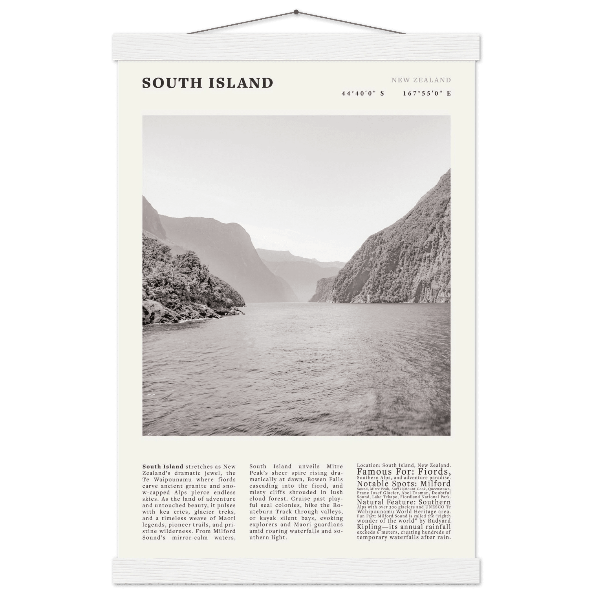 South Island New Zealand Poster Black and White – Vintage Milford Sound Fjord Print - Evergreen Posters
