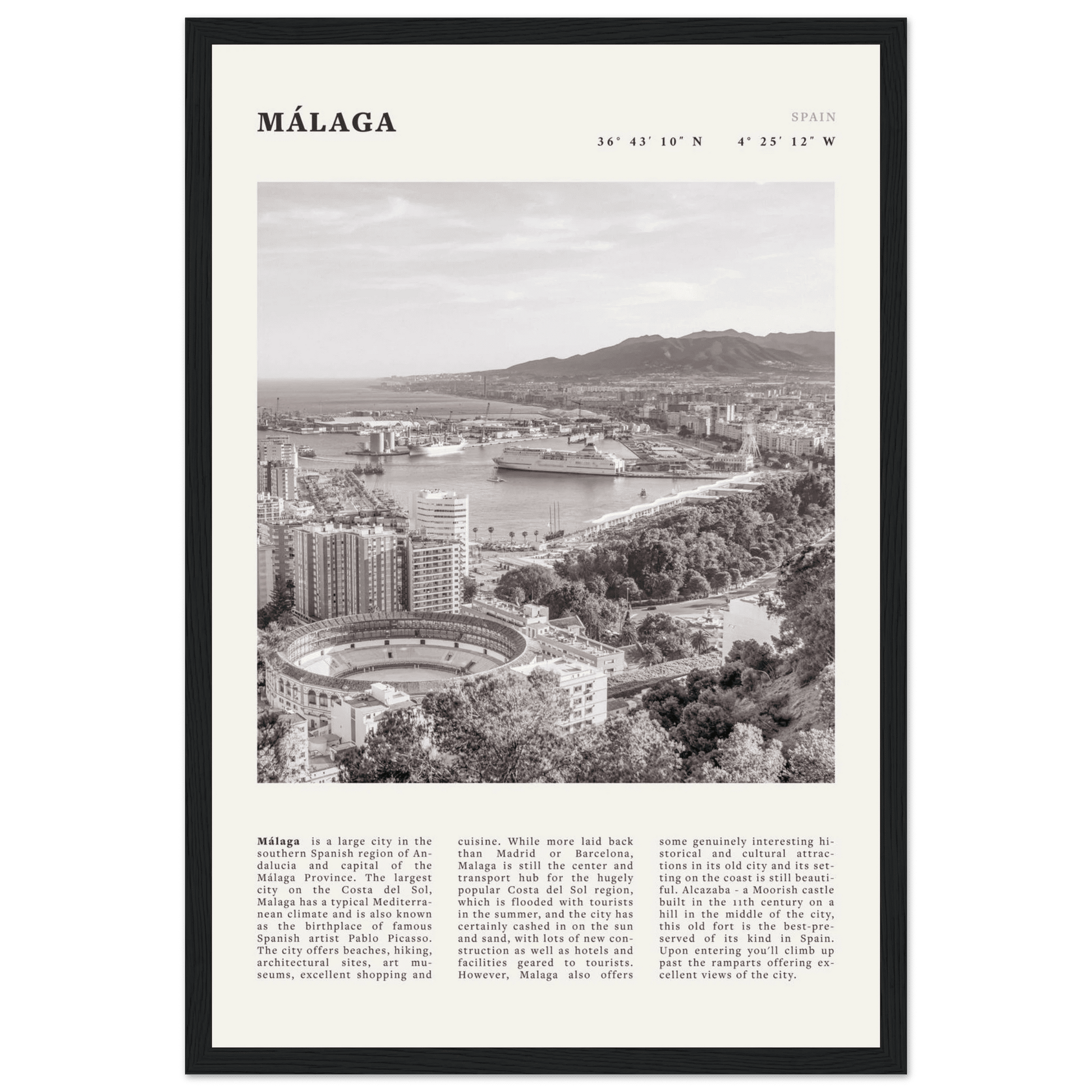Málaga Poster | Black & White Costa del Sol Wall Art | Spain Travel Print - Evergreen Posters