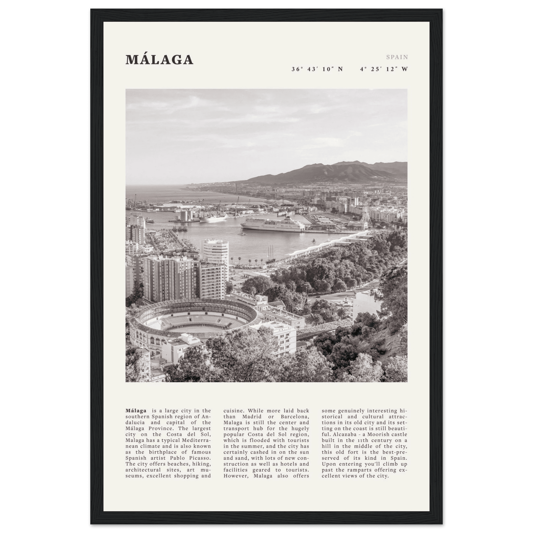 Málaga Poster | Black & White Costa del Sol Wall Art | Spain Travel Print - Evergreen Posters