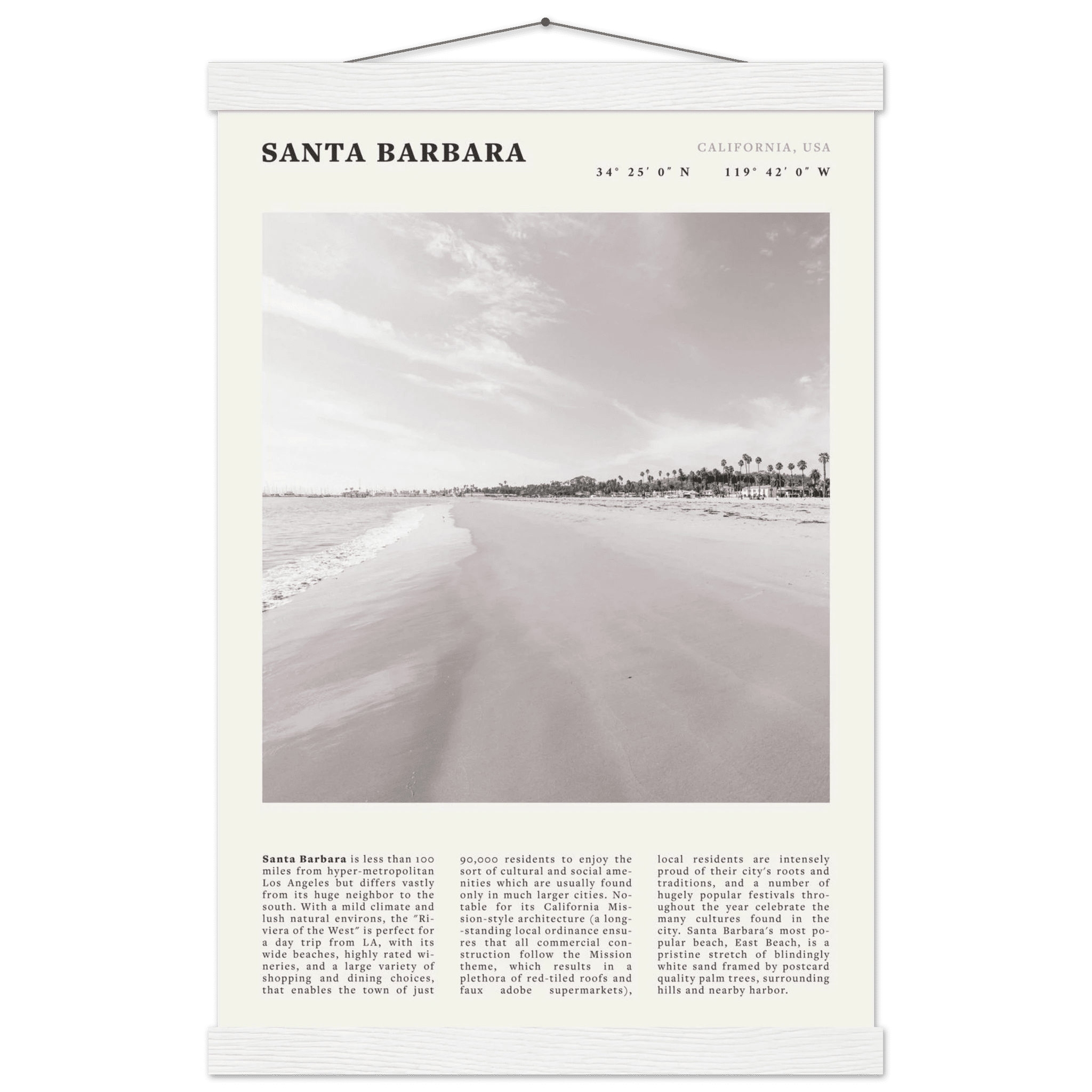 Santa Barbara Poster | Black & White California Beach Wall Art | CA Travel Print - Evergreen Posters