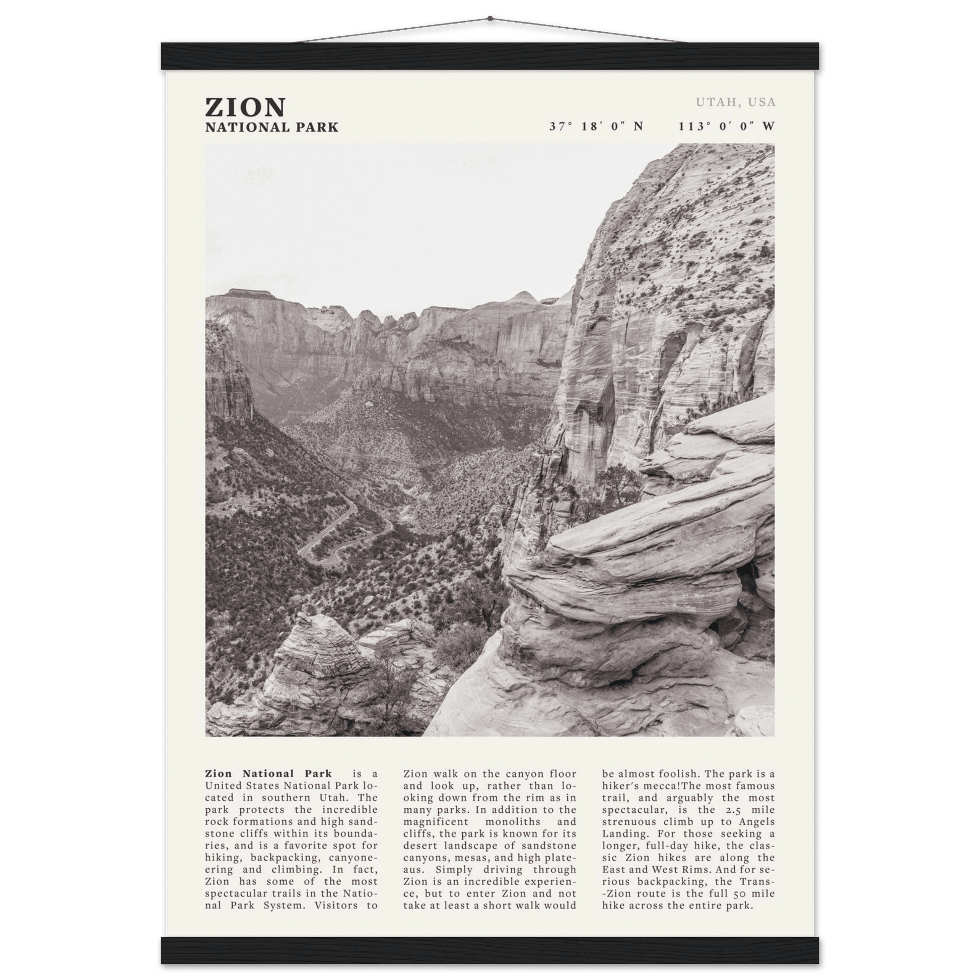 Zion National Park Poster | Black & White Utah Canyon Wall Art | USA Travel Print - Evergreen Posters