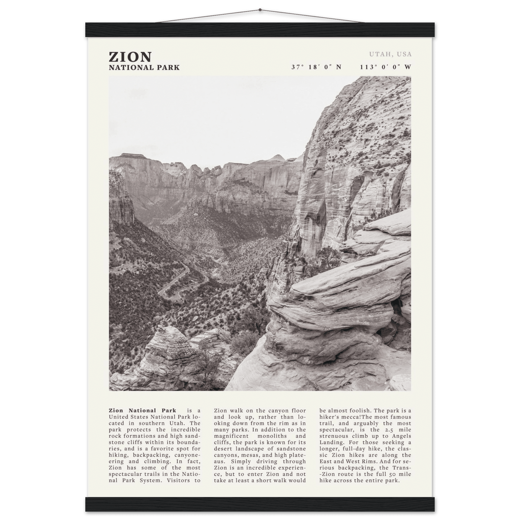 Zion National Park Poster | Black & White Utah Canyon Wall Art | USA Travel Print - Evergreen Posters