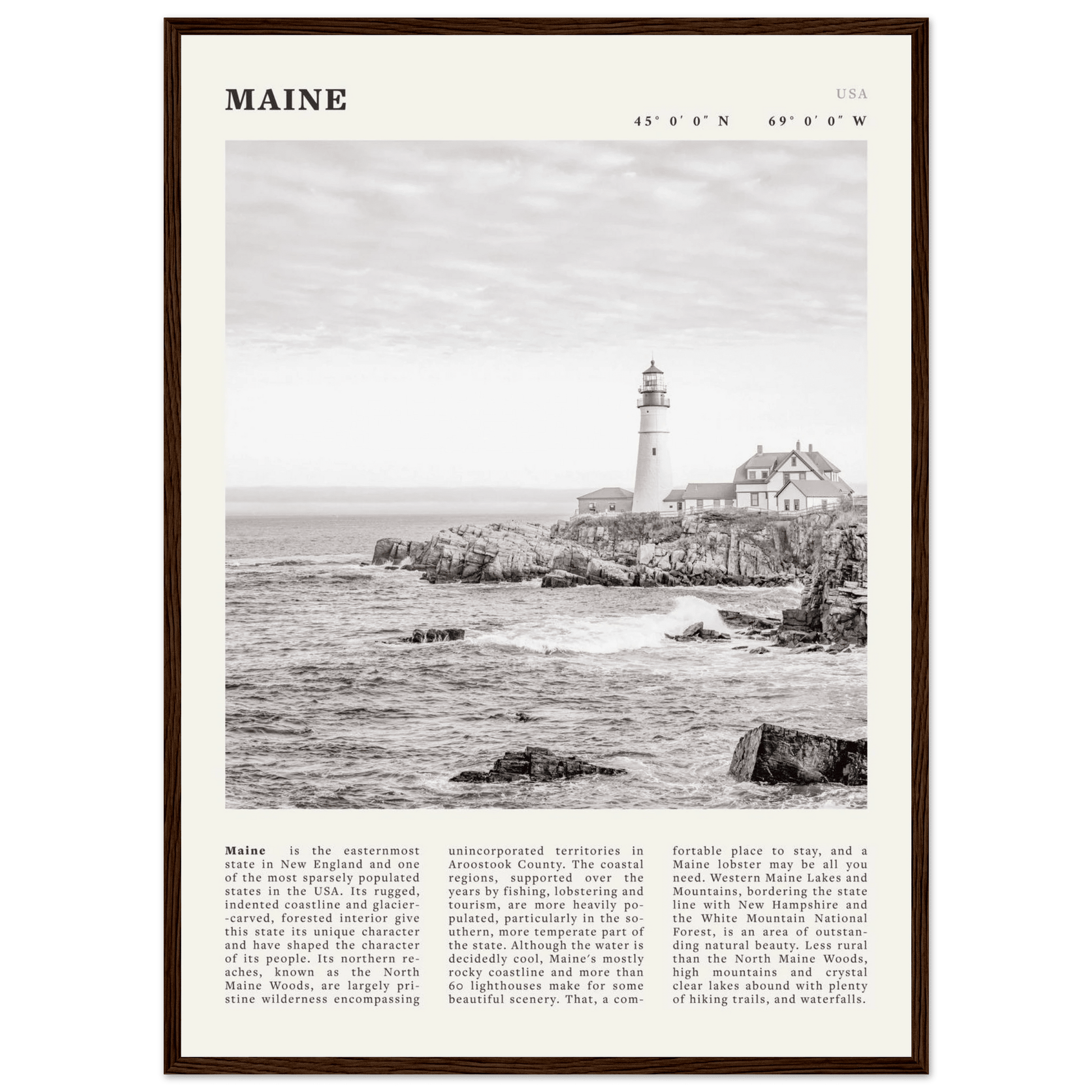 Maine Poster | Black & White Lighthouse Wall Art | New England Coastal Travel Print - Evergreen Posters