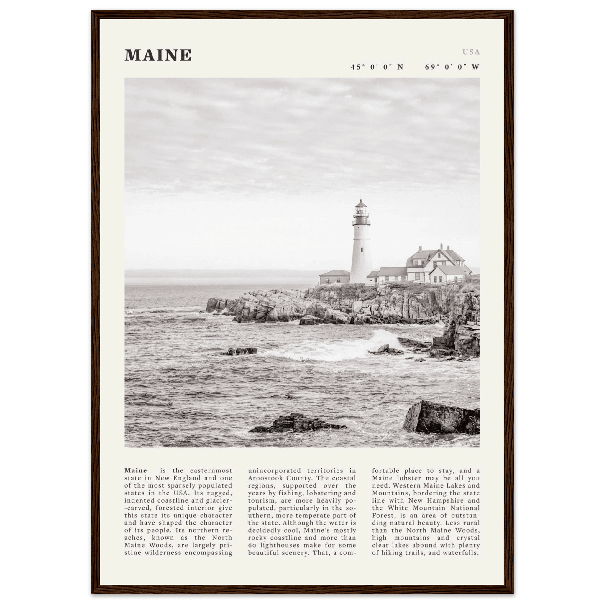 Maine Poster | Black & White Lighthouse Wall Art | New England Coastal Travel Print - Evergreen Posters