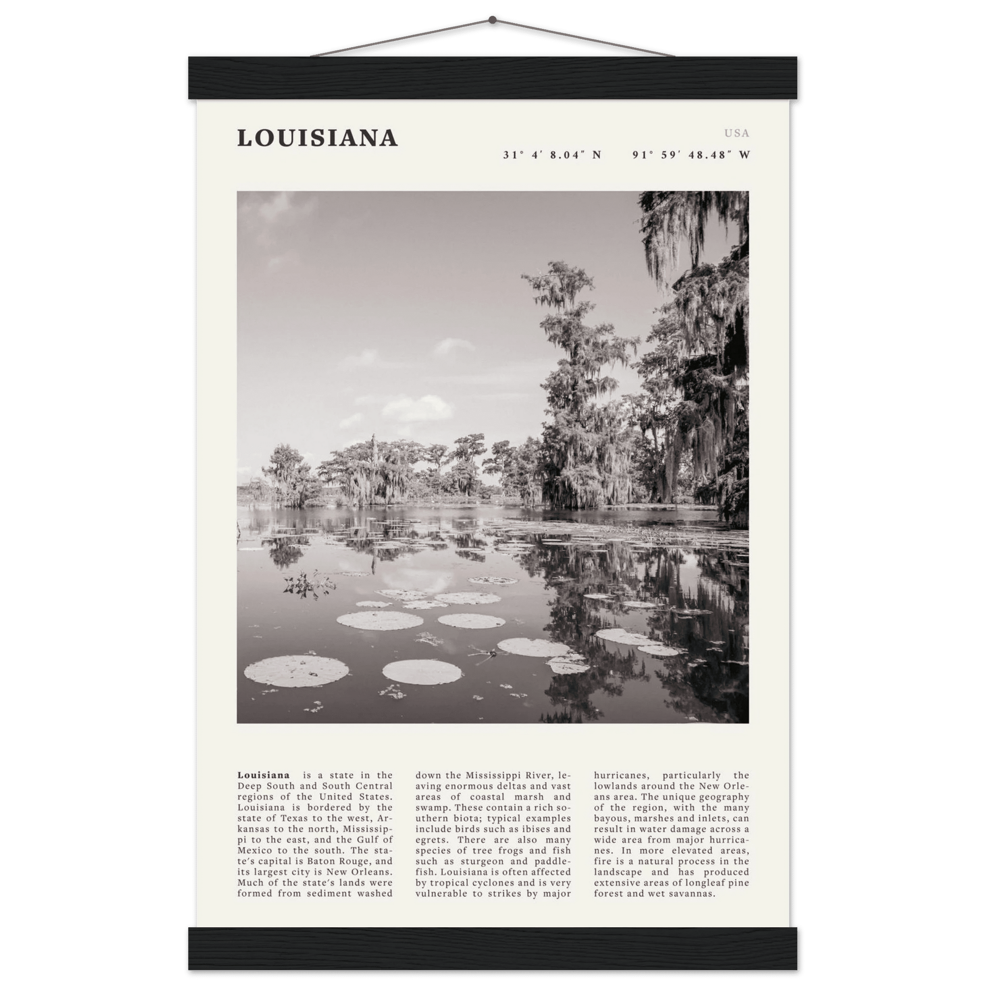Louisiana Poster | Black & White Bayou Wall Art | Southern USA Travel Print Decor - Evergreen Posters