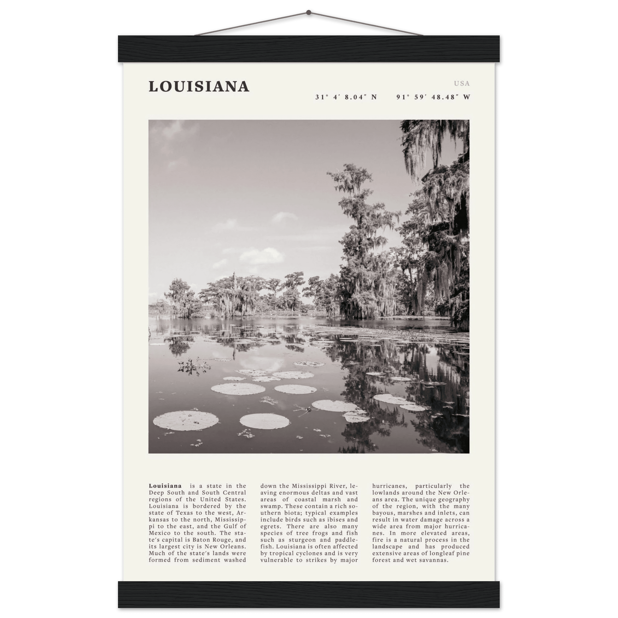 Louisiana Poster | Black & White Bayou Wall Art | Southern USA Travel Print Decor - Evergreen Posters