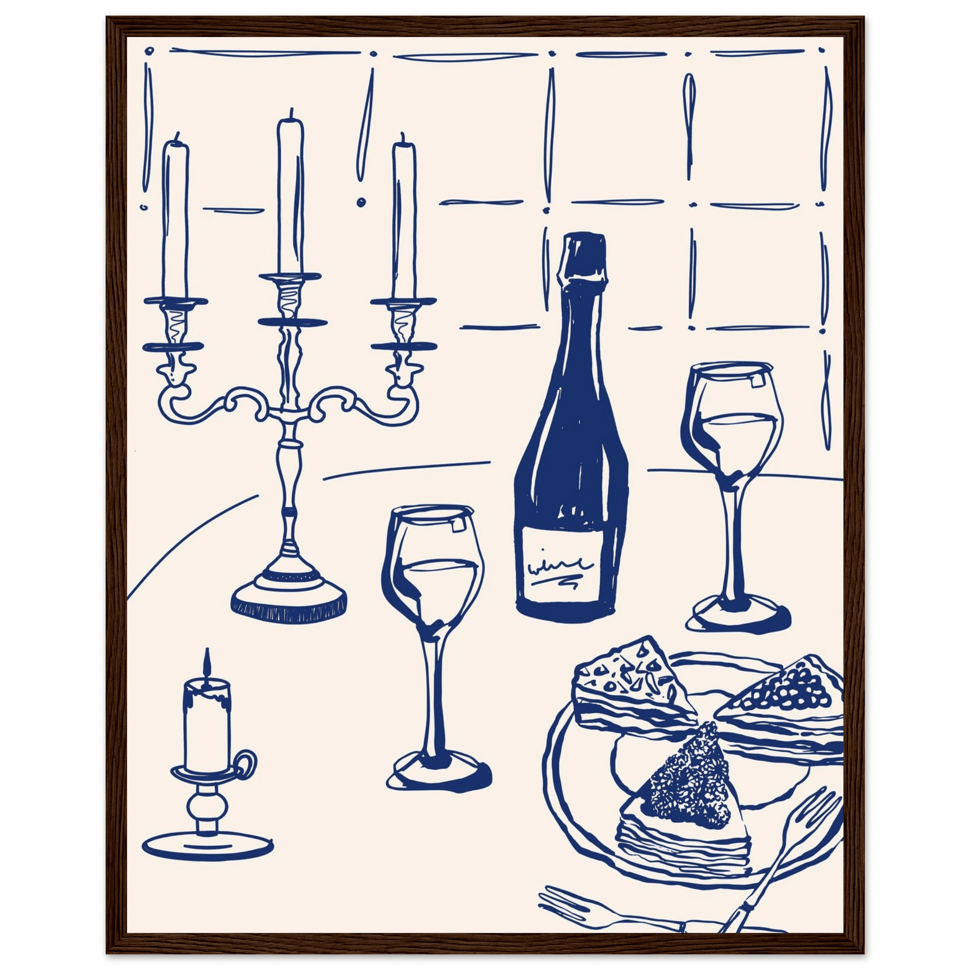 Candlelight Dinner Print | Navy Blue Wine & Candelabra Line Art | Kitchen Poster - Evergreen Posters