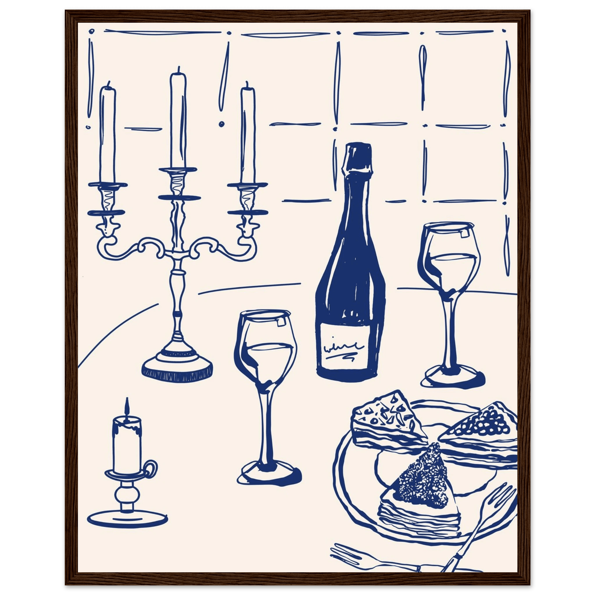 Candlelight Dinner Print | Navy Blue Wine & Candelabra Line Art | Kitchen Poster - Evergreen Posters