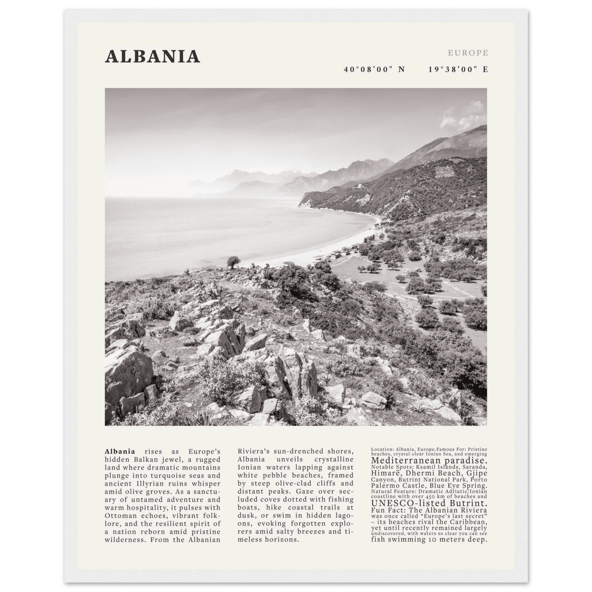 Albania Poster Black and White – Vintage Albanian Riviera Travel Print (Digital & Printed Options) - Evergreen Posters