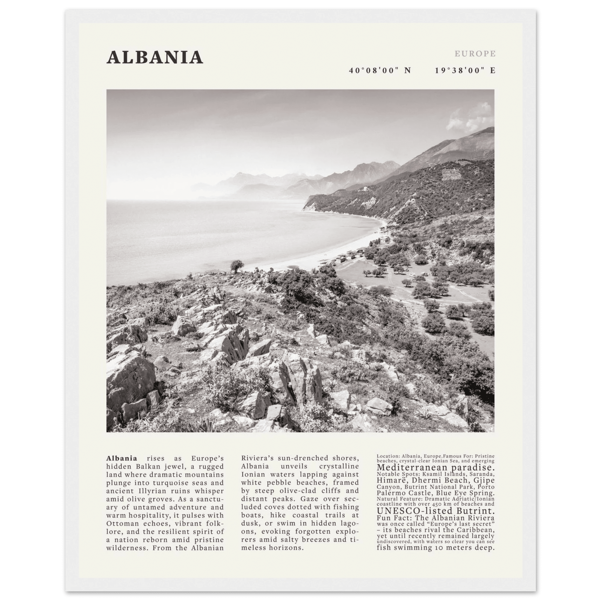 Albania Poster Black and White – Vintage Albanian Riviera Travel Print (Digital & Printed Options) - Evergreen Posters