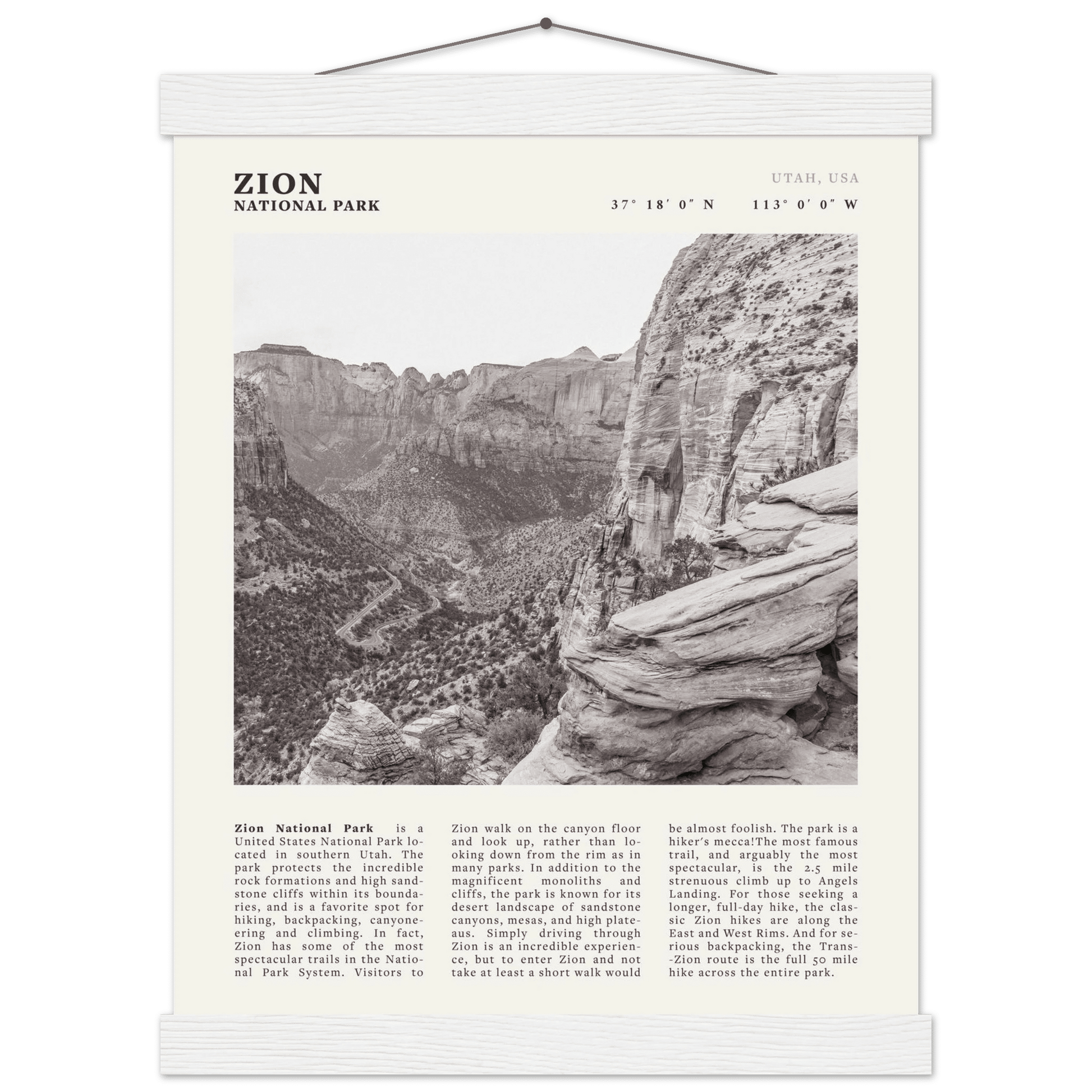 Zion National Park Poster | Black & White Utah Canyon Wall Art | USA Travel Print - Evergreen Posters