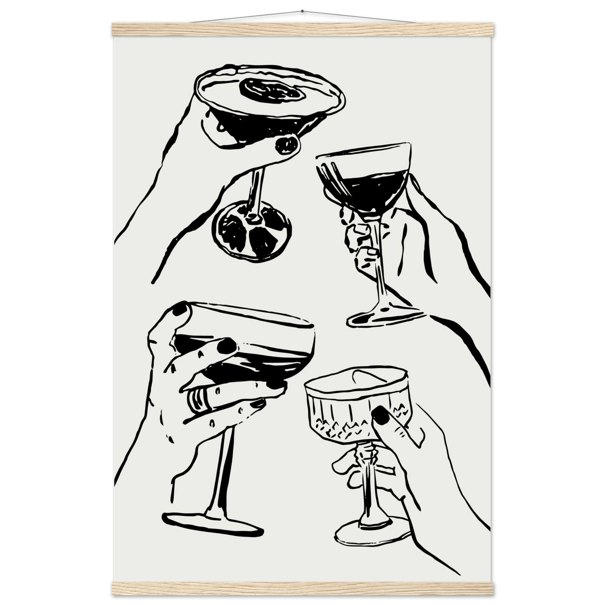 Cheers Print | Black Line Art Cocktail Glasses Wall Art | Kitchen Bar Poster - Evergreen Posters