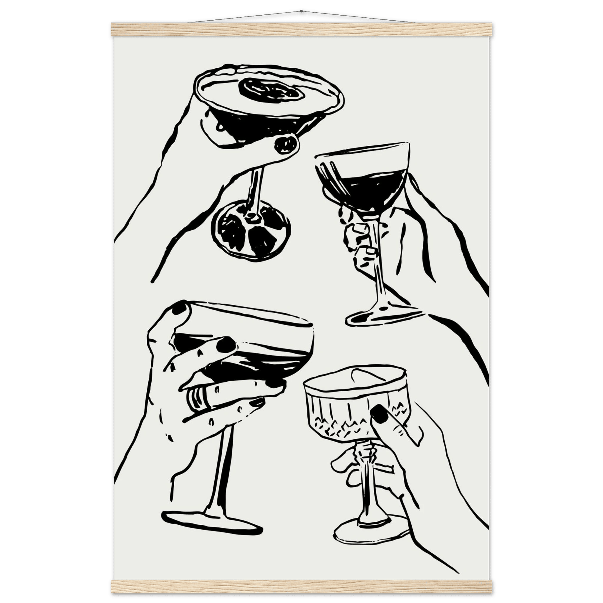 Cheers Print | Black Line Art Cocktail Glasses Wall Art | Kitchen Bar Poster - Evergreen Posters