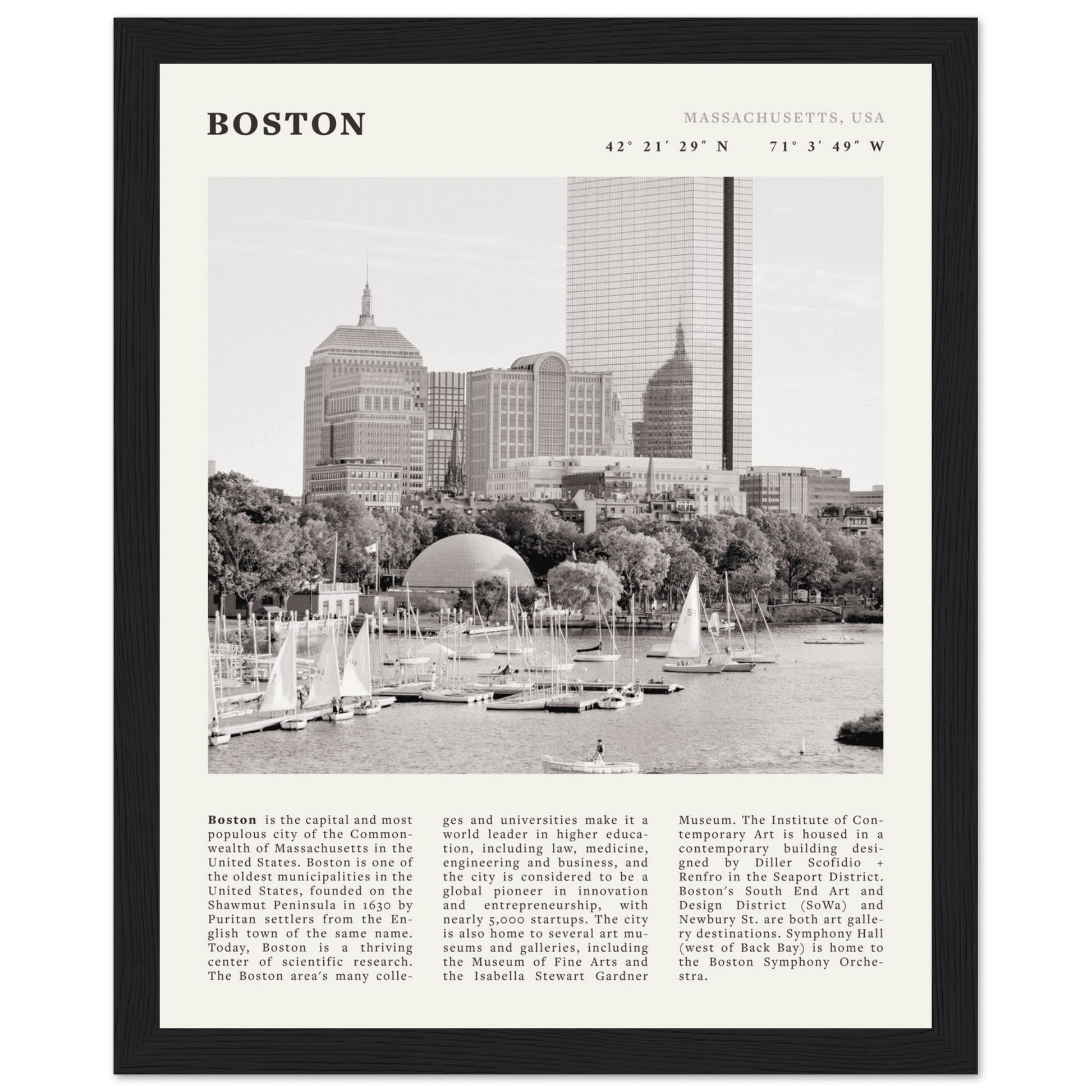 Boston Poster | Black & White Charles River Skyline Wall Art | Massachusetts Print - Evergreen Posters