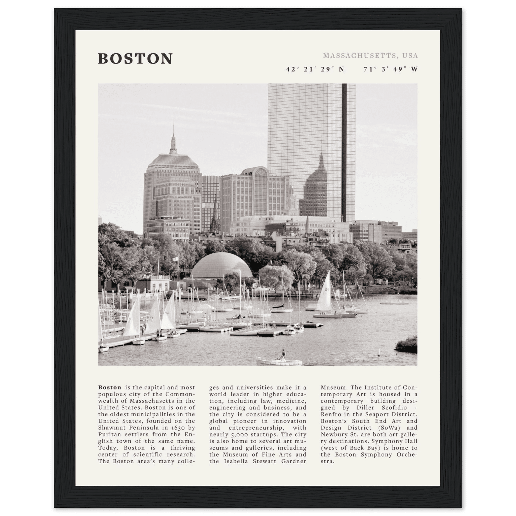 Boston Poster | Black & White Charles River Skyline Wall Art | Massachusetts Print - Evergreen Posters
