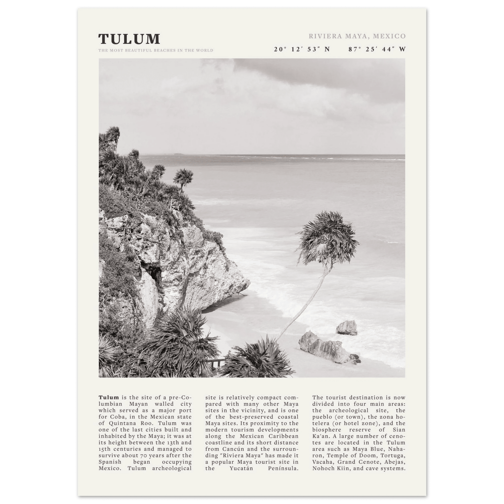 Tulum Poster | Black & White Riviera Maya Mexico Wall Art | Beach Travel Print - Evergreen Posters
