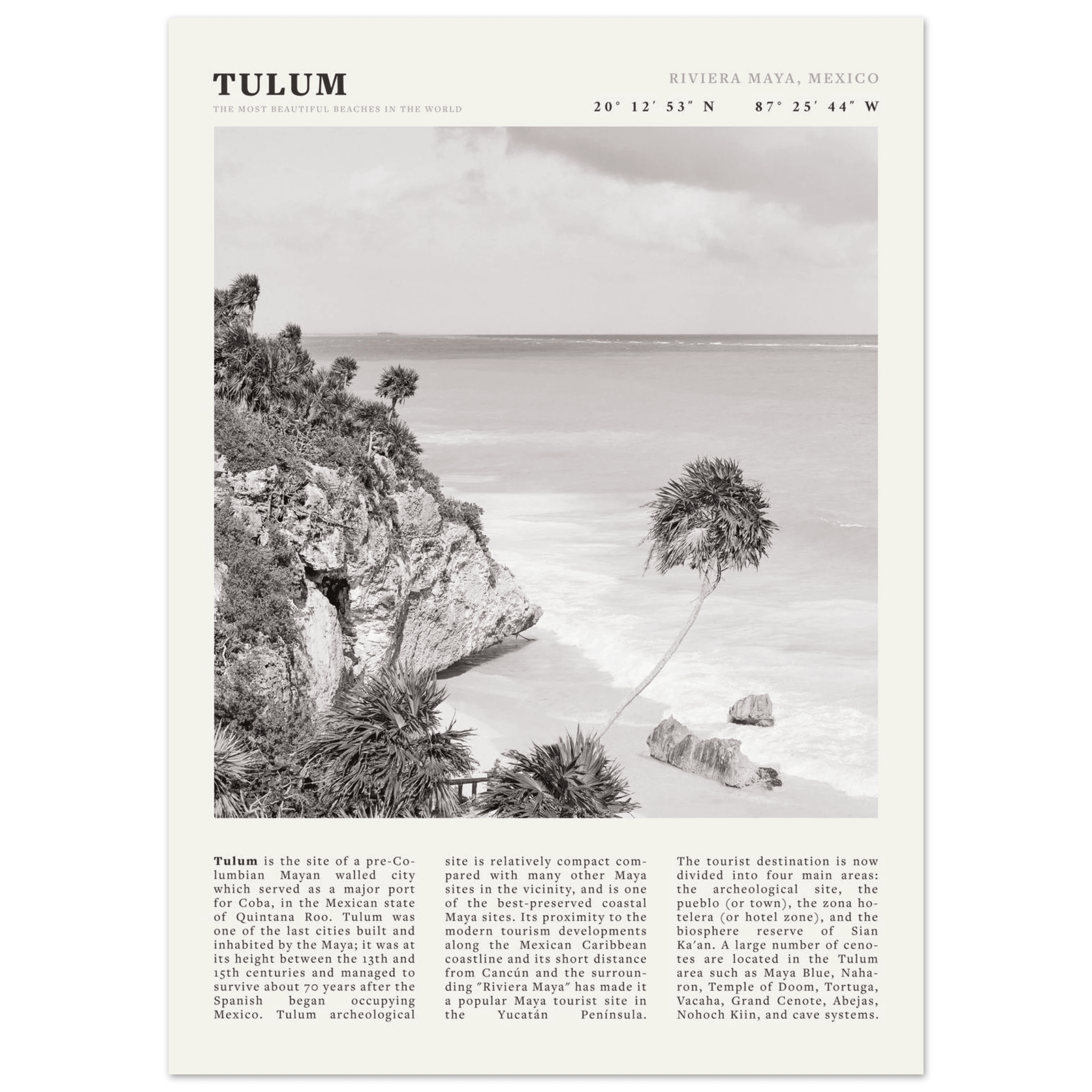 Tulum Poster | Black & White Riviera Maya Mexico Wall Art | Beach Travel Print - Evergreen Posters