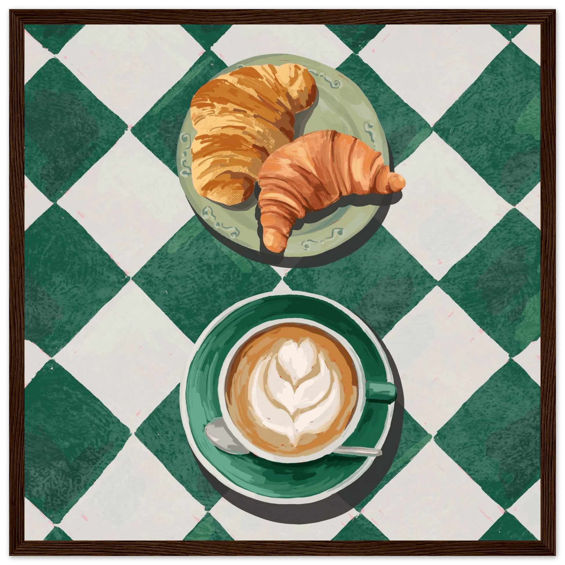 Croissant & Latte Poster | Classic Kitchen Wall Art | Green Tile Square Breakfast Print - Evergreen Posters - 31