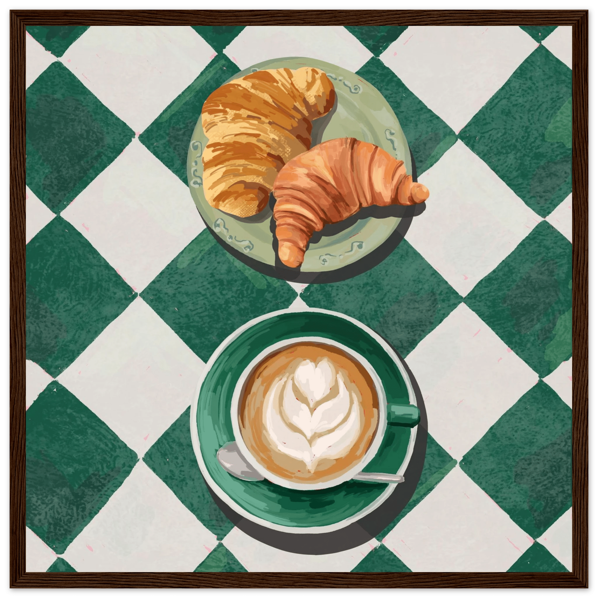 Croissant & Latte Poster | Classic Kitchen Wall Art | Green Tile Square Breakfast Print - Evergreen Posters - 31