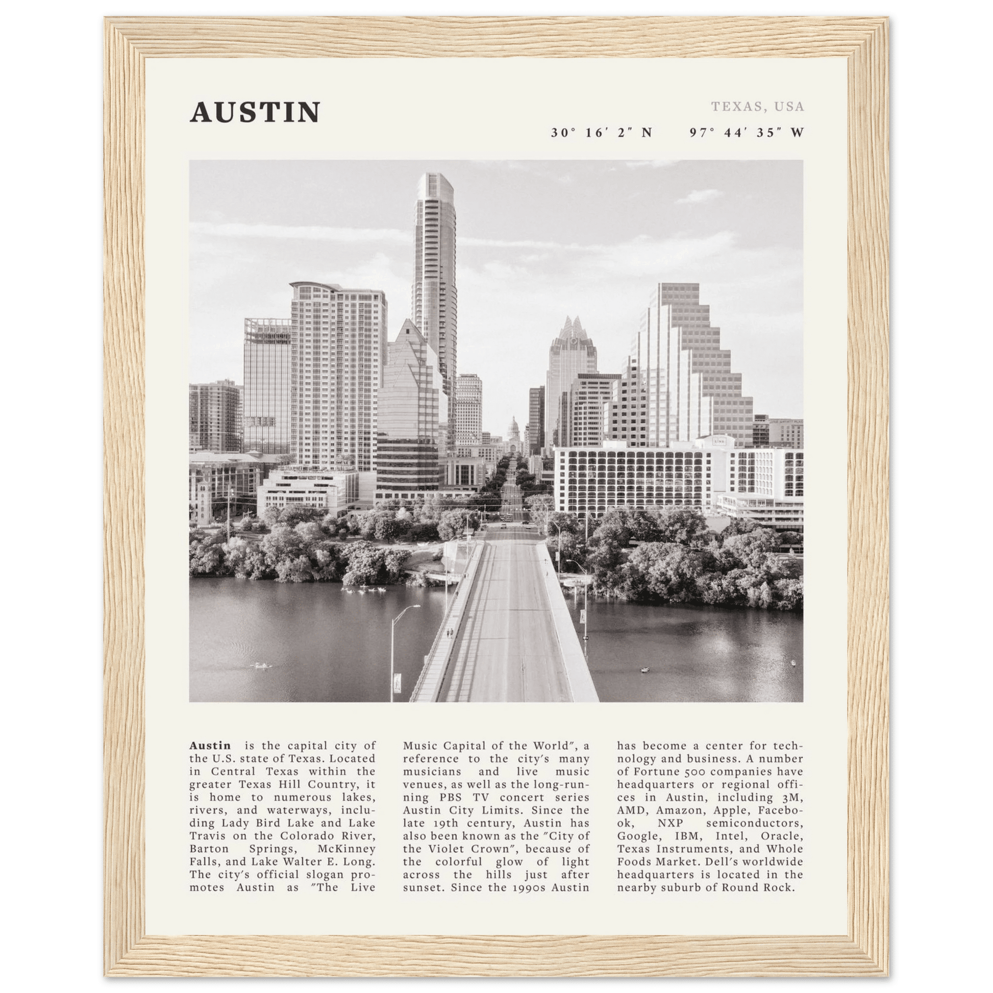 Austin Poster | Black & White Texas Skyline Wall Art | City Travel Print Decor - Evergreen Posters
