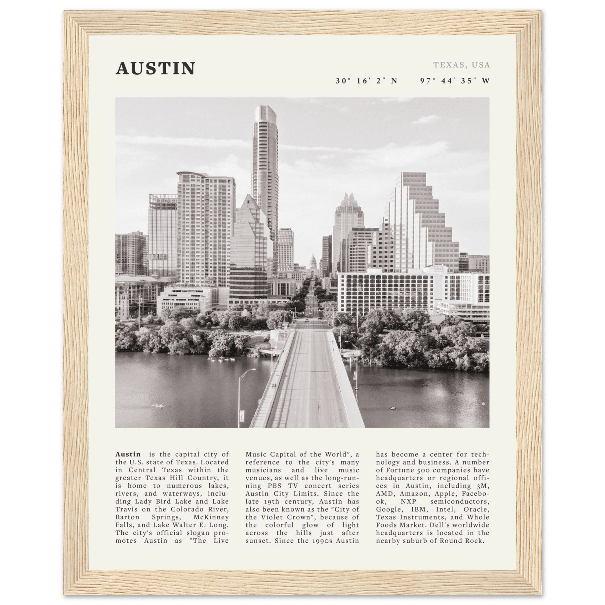 Austin Poster | Black & White Texas Skyline Wall Art | City Travel Print Decor - Evergreen Posters
