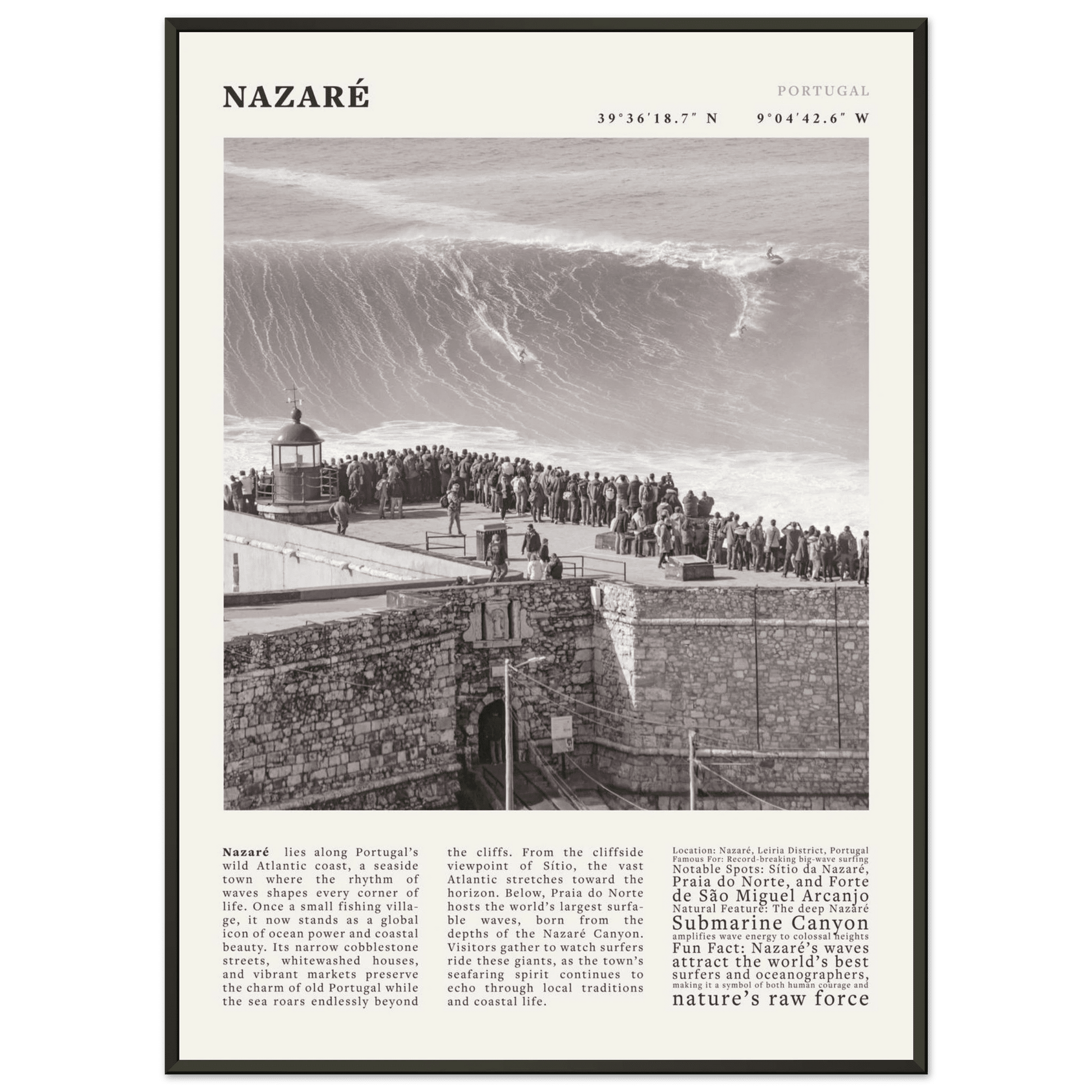 Nazaré Portugal Poster Black and White – Vintage Big Waves Surf Print (Digital & Printed Options) - Evergreen Posters