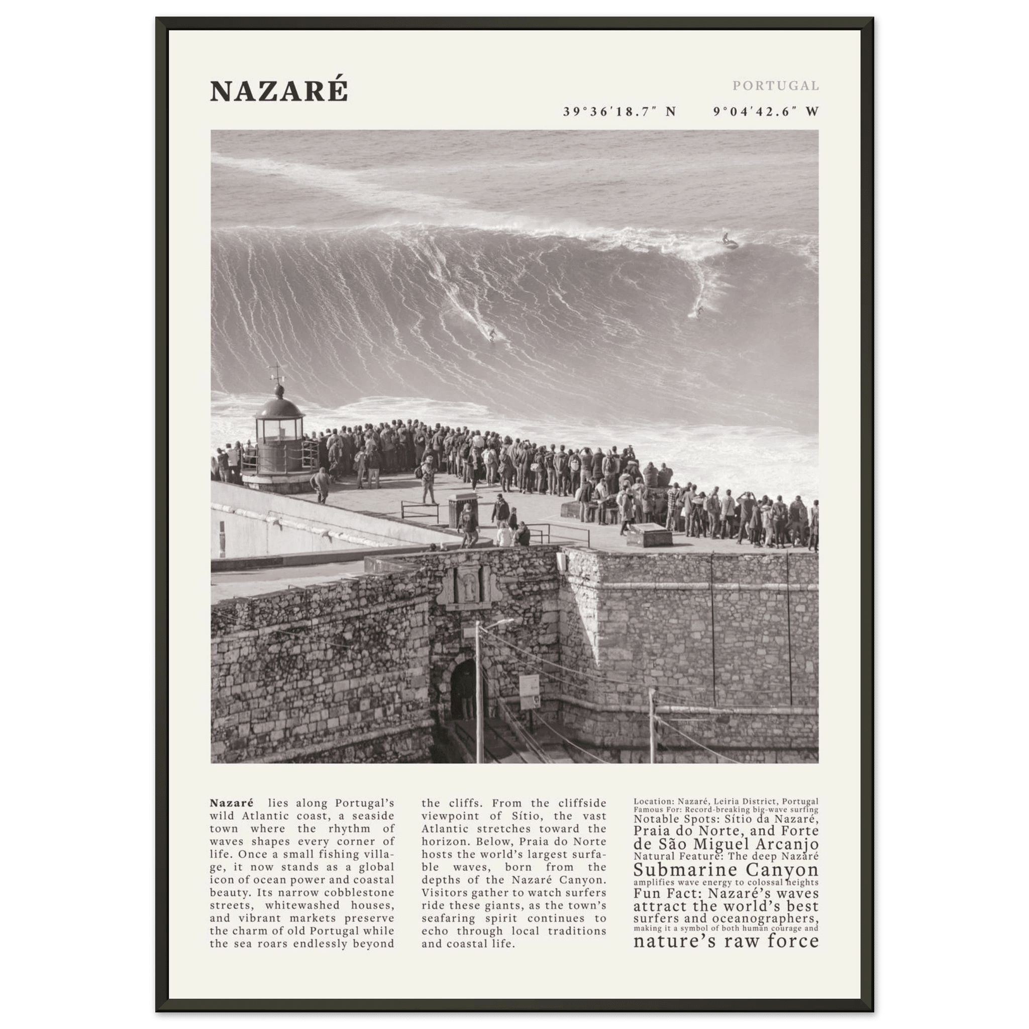 Nazaré Portugal Poster Black and White – Vintage Big Waves Surf Print (Digital & Printed Options) - Evergreen Posters