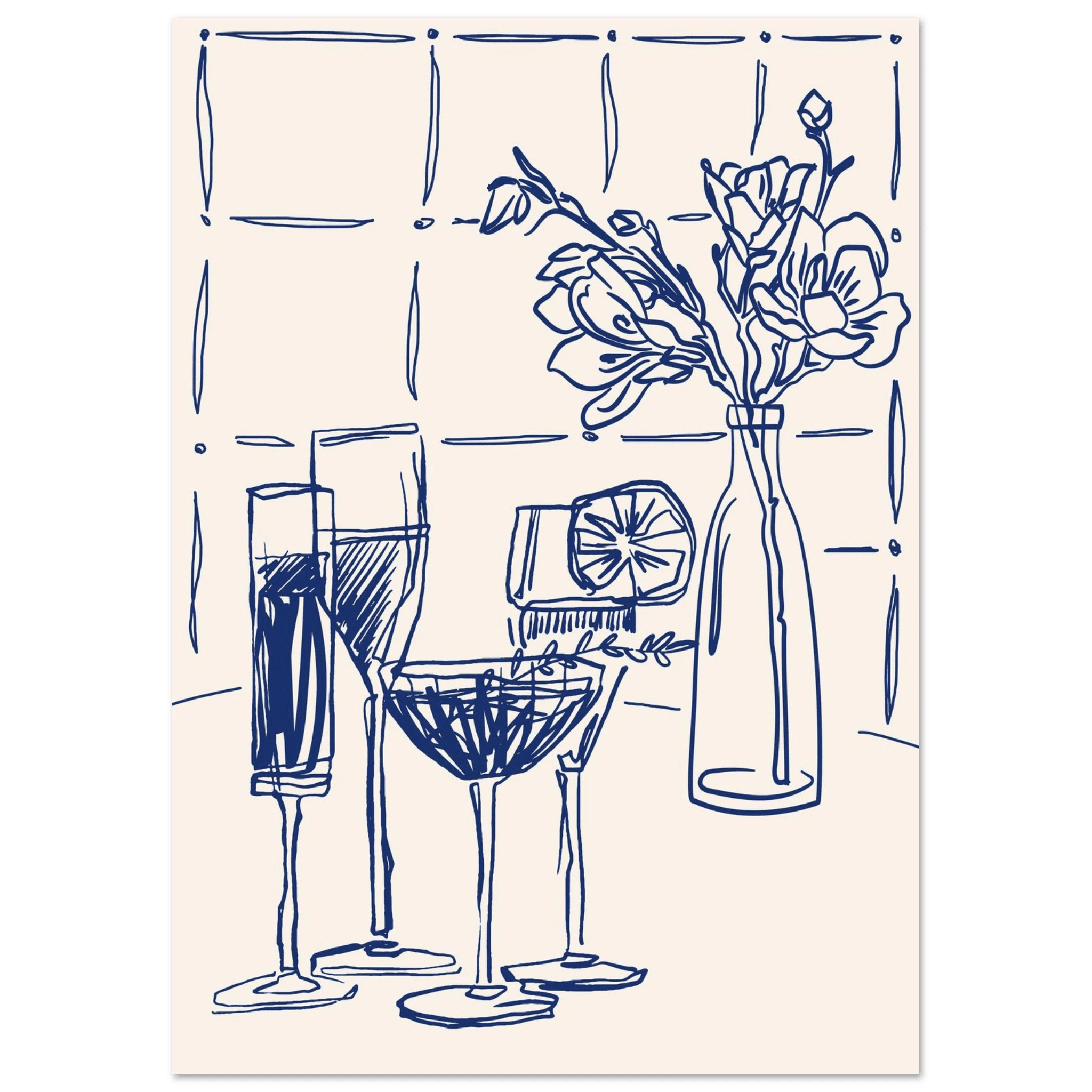 Cocktails & Flowers Print | Navy Blue Line Art Drinks Wall Art | Kitchen Bar Poster - Evergreen Posters