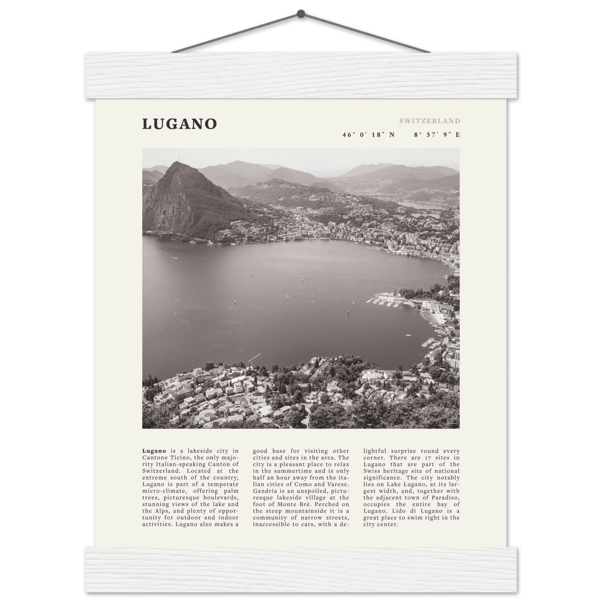 Lugano Poster | Black & White Swiss Lake Wall Art | Switzerland Travel Print - Evergreen Posters
