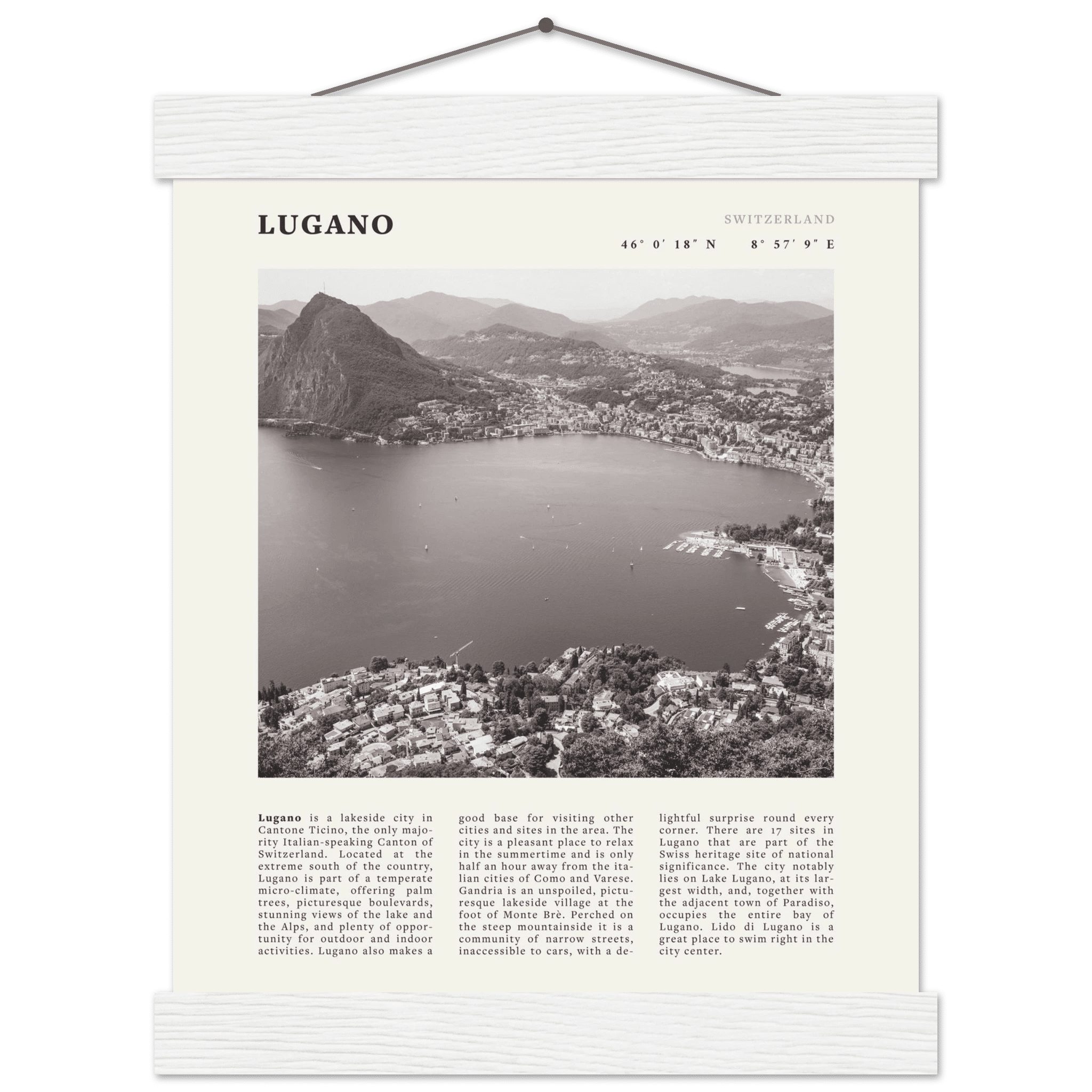 Lugano Poster | Black & White Swiss Lake Wall Art | Switzerland Travel Print - Evergreen Posters