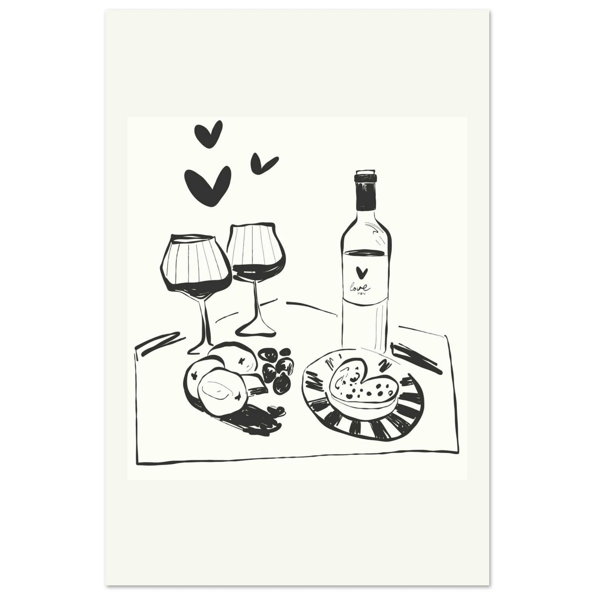 Wine for Two Print | Black Line Art Romantic Kitchen Wall Art | Couples Poster - Evergreen Posters
