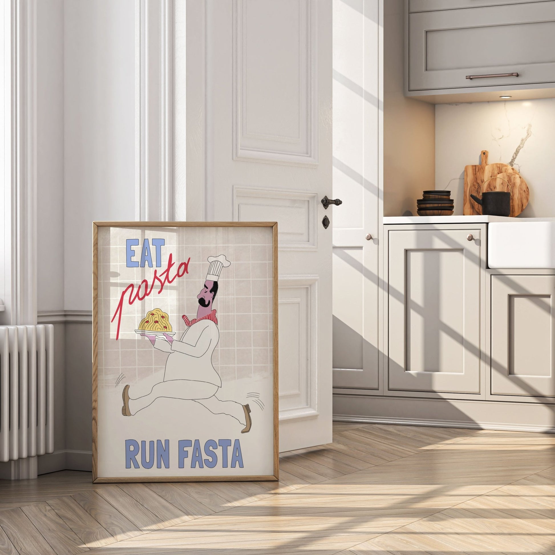 Eat Pasta Run Fasta Poster – Fun Kitchen Wall Art Print (Digital & Printed Options) - Evergreen Posters