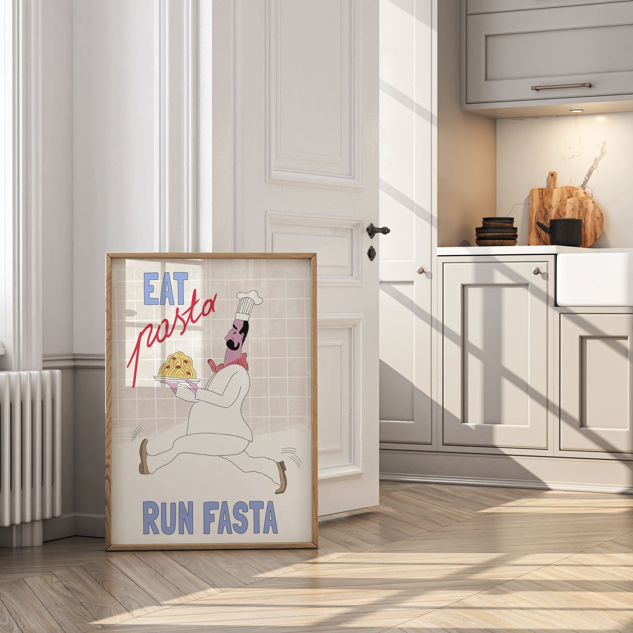 Eat Pasta Run Fasta Poster – Fun Kitchen Wall Art Print (Digital & Printed Options) - Evergreen Posters