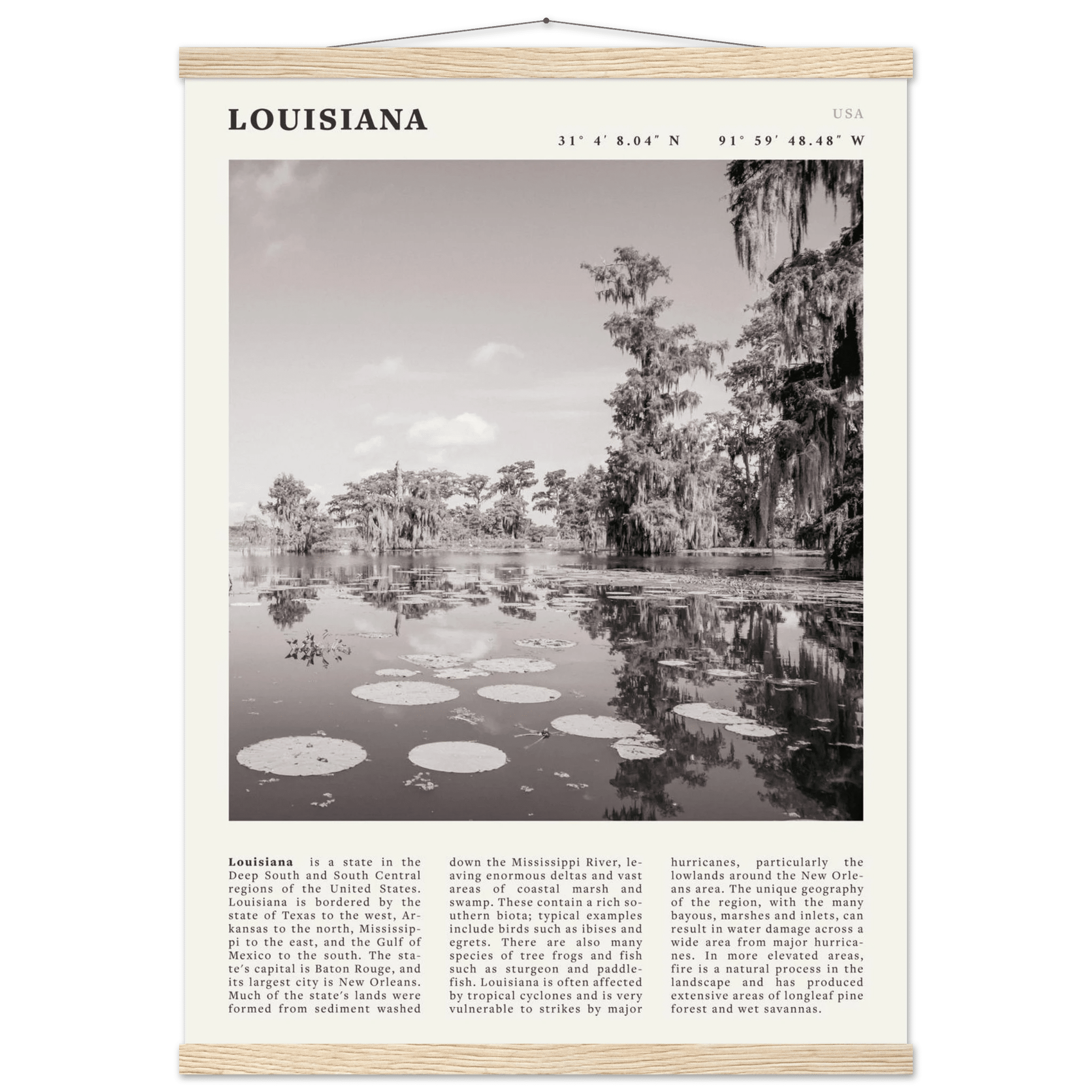 Louisiana Poster | Black & White Bayou Wall Art | Southern USA Travel Print Decor - Evergreen Posters