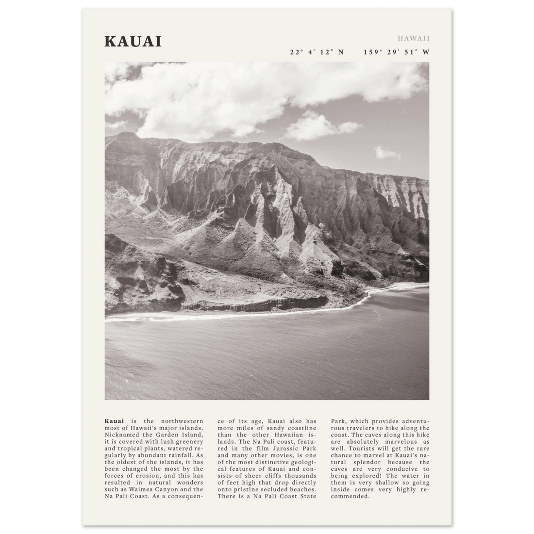 Kauai Poster | Black & White Na Pali Coast Wall Art | Hawaii Travel Print Decor - Evergreen Posters