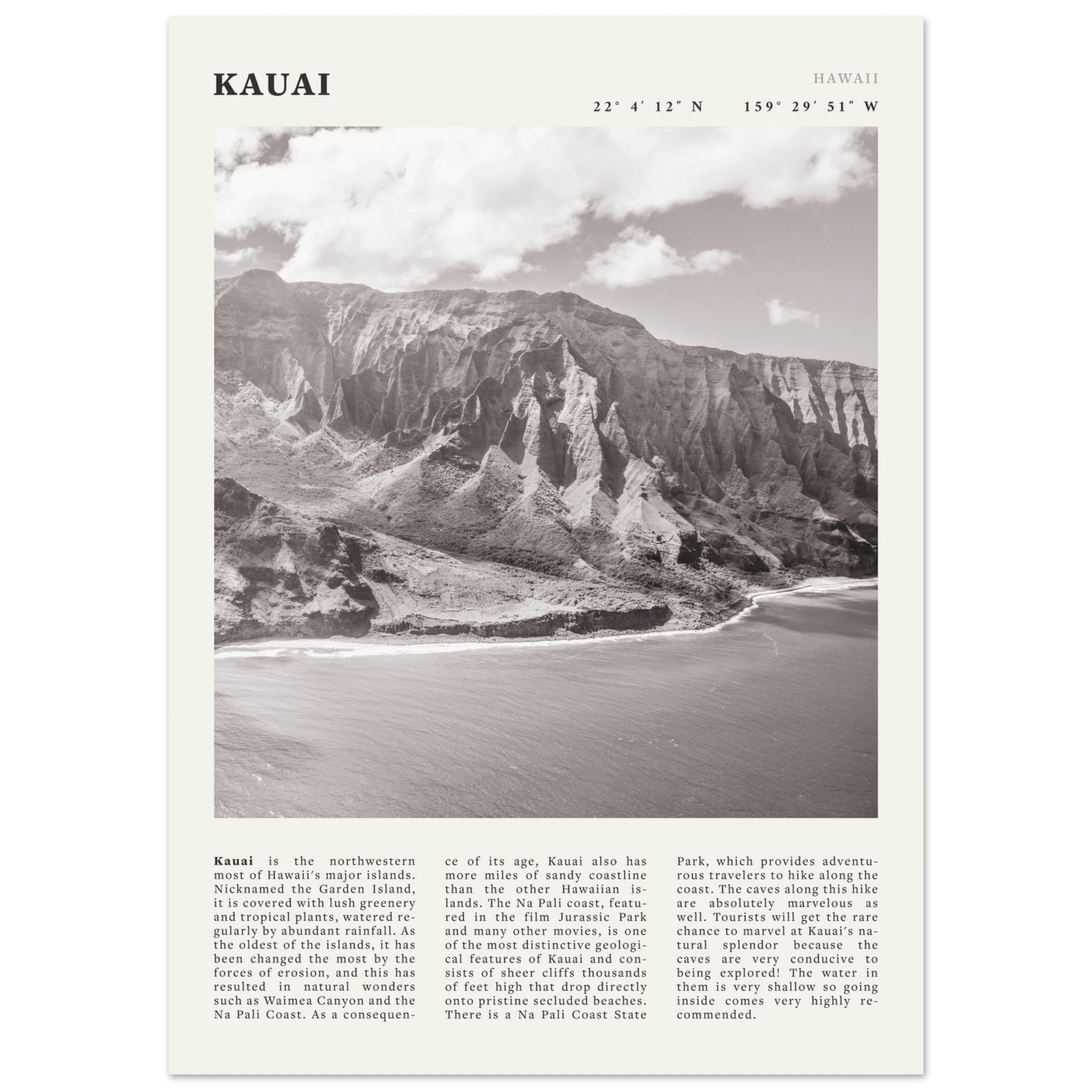Kauai Poster | Black & White Na Pali Coast Wall Art | Hawaii Travel Print Decor - Evergreen Posters
