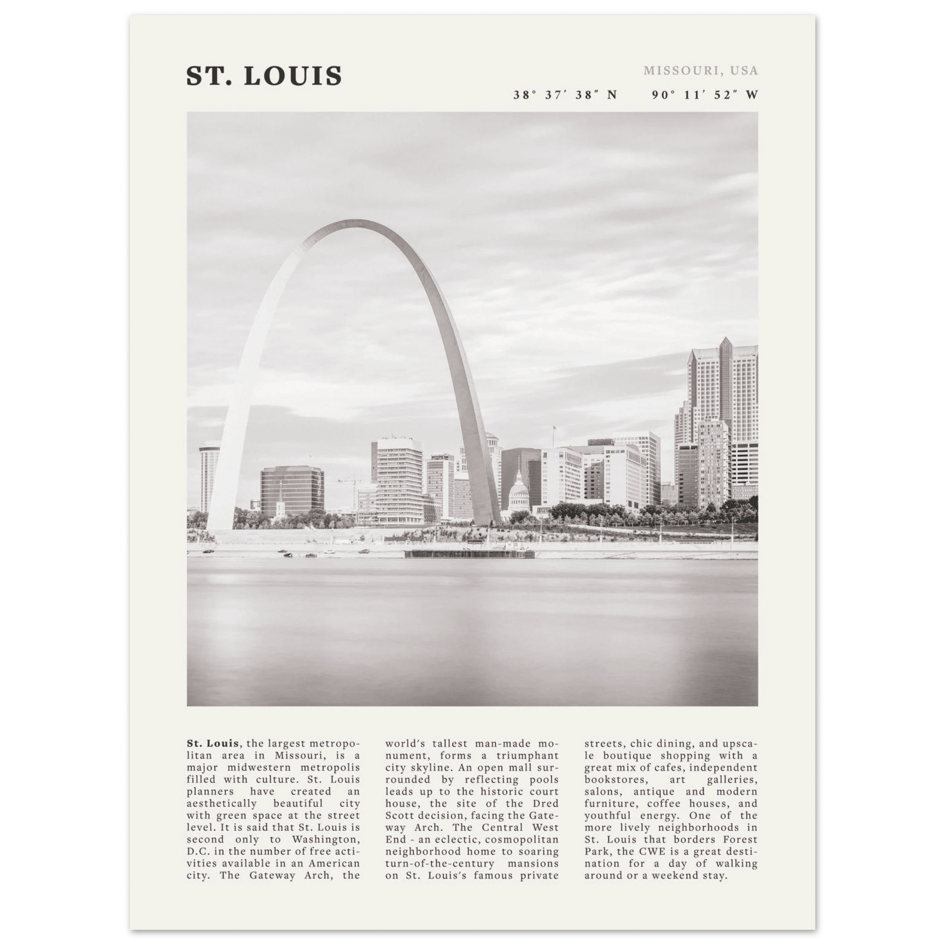 St. Louis Poster | Black & White Gateway Arch Wall Art | Missouri Travel Print - Evergreen Posters
