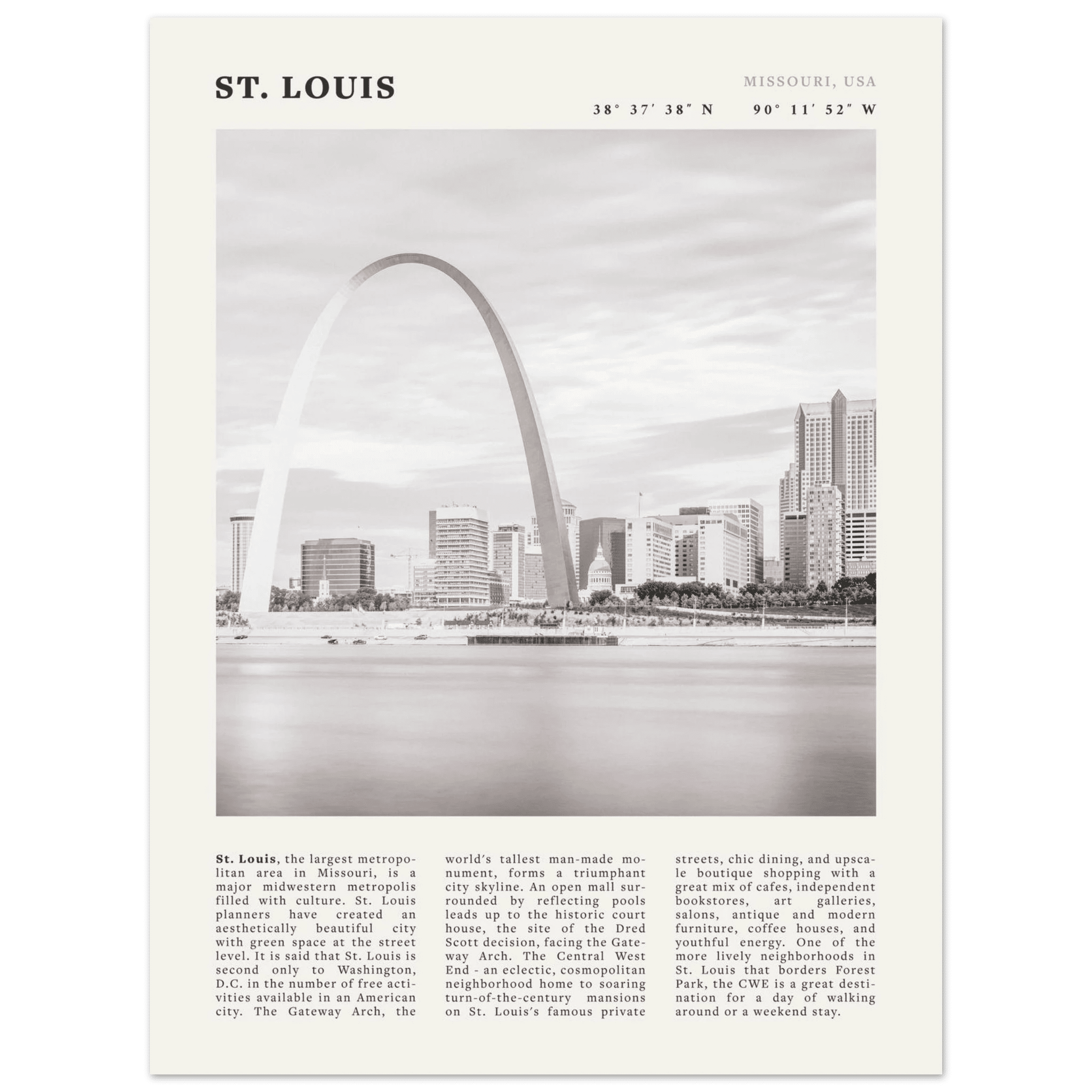 St. Louis Poster | Black & White Gateway Arch Wall Art | Missouri Travel Print - Evergreen Posters