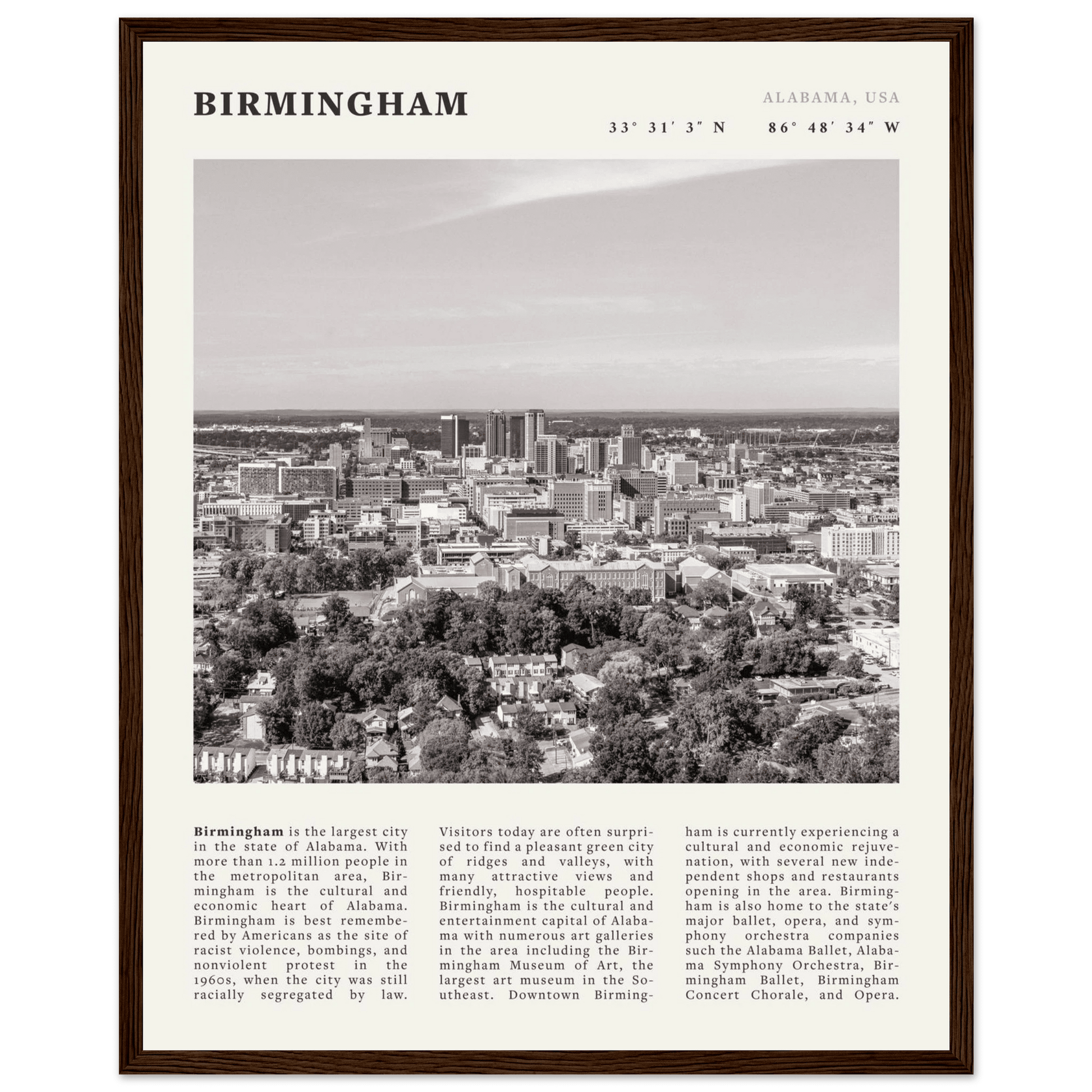 Birmingham Poster | Black & White Alabama Skyline Wall Art | AL Travel Print - Evergreen Posters