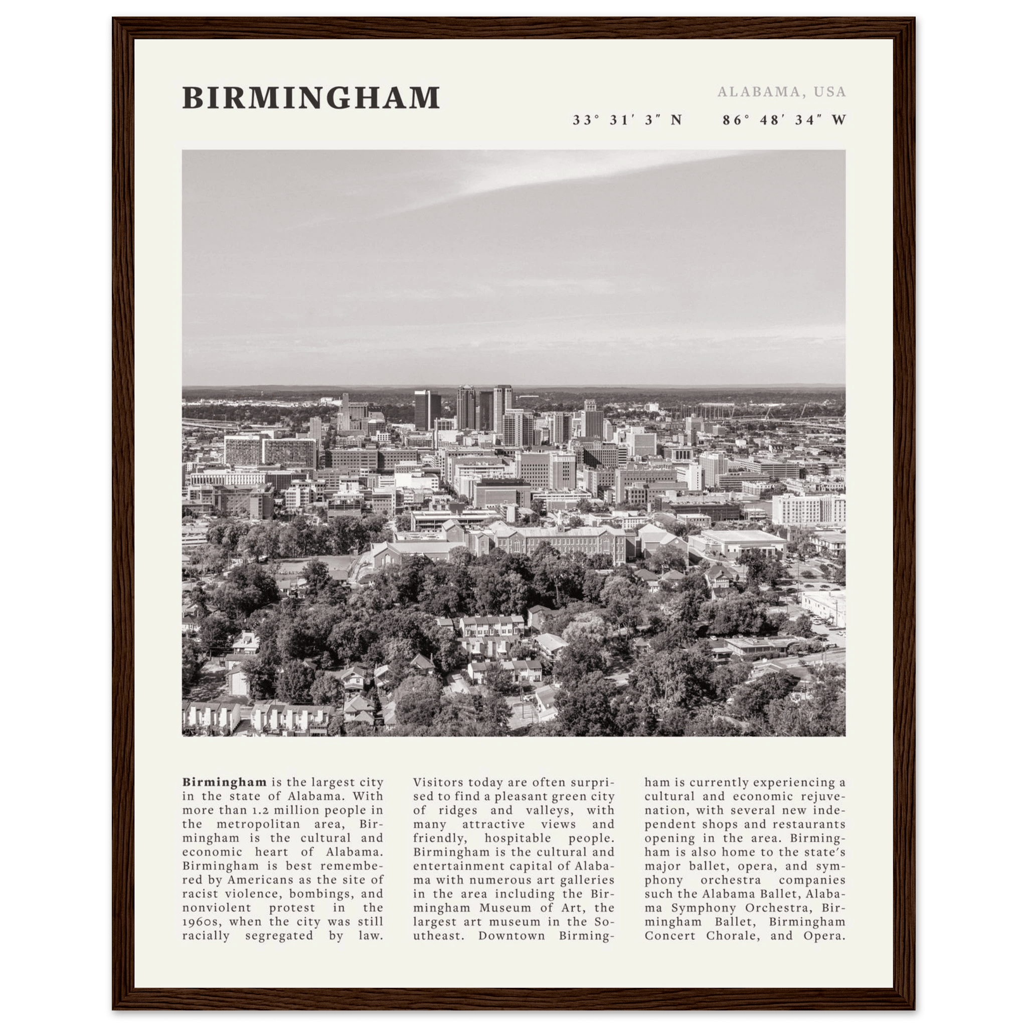 Birmingham Poster | Black & White Alabama Skyline Wall Art | AL Travel Print - Evergreen Posters