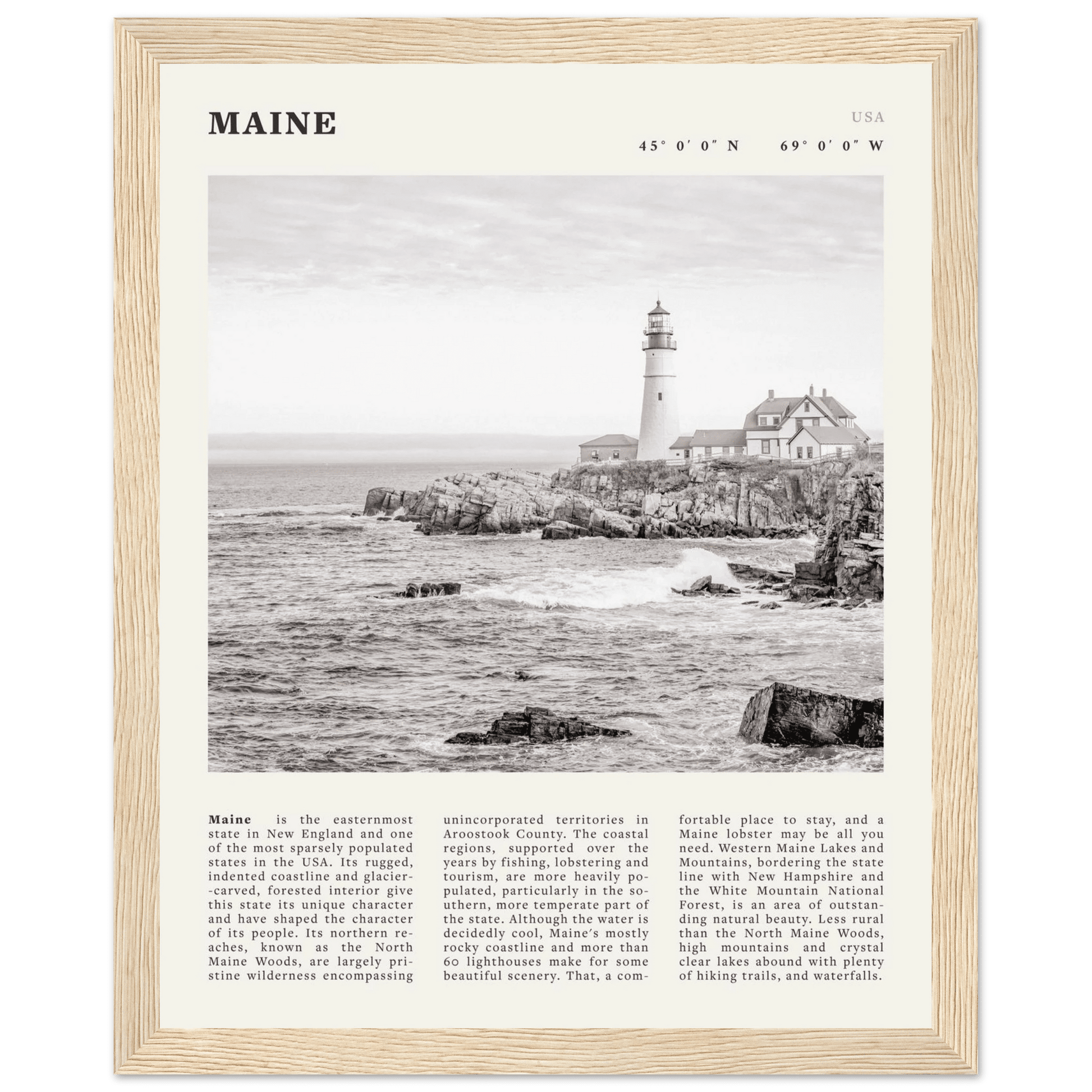 Maine Poster | Black & White Lighthouse Wall Art | New England Coastal Travel Print - Evergreen Posters