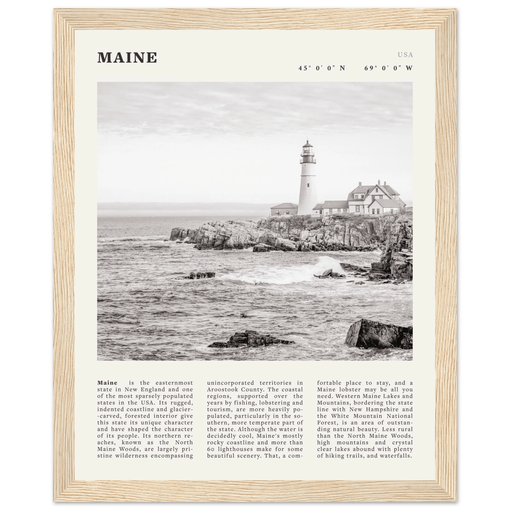 Maine Poster | Black & White Lighthouse Wall Art | New England Coastal Travel Print - Evergreen Posters