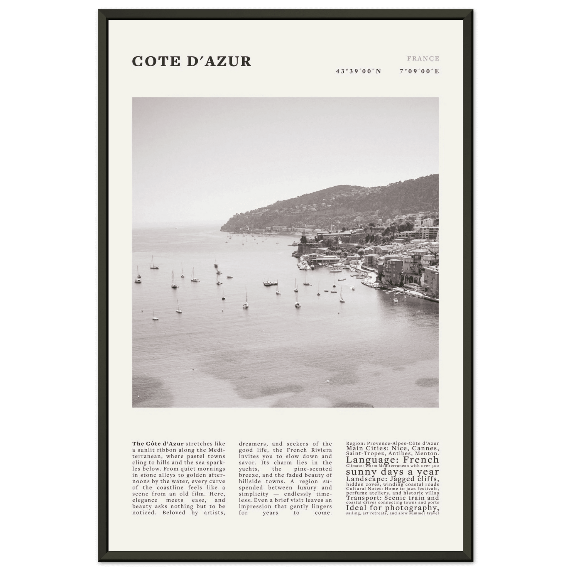 Côte d'Azur Poster Black and White – Vintage French Riviera Coast Print (Digital & Printed Options) - Evergreen Posters