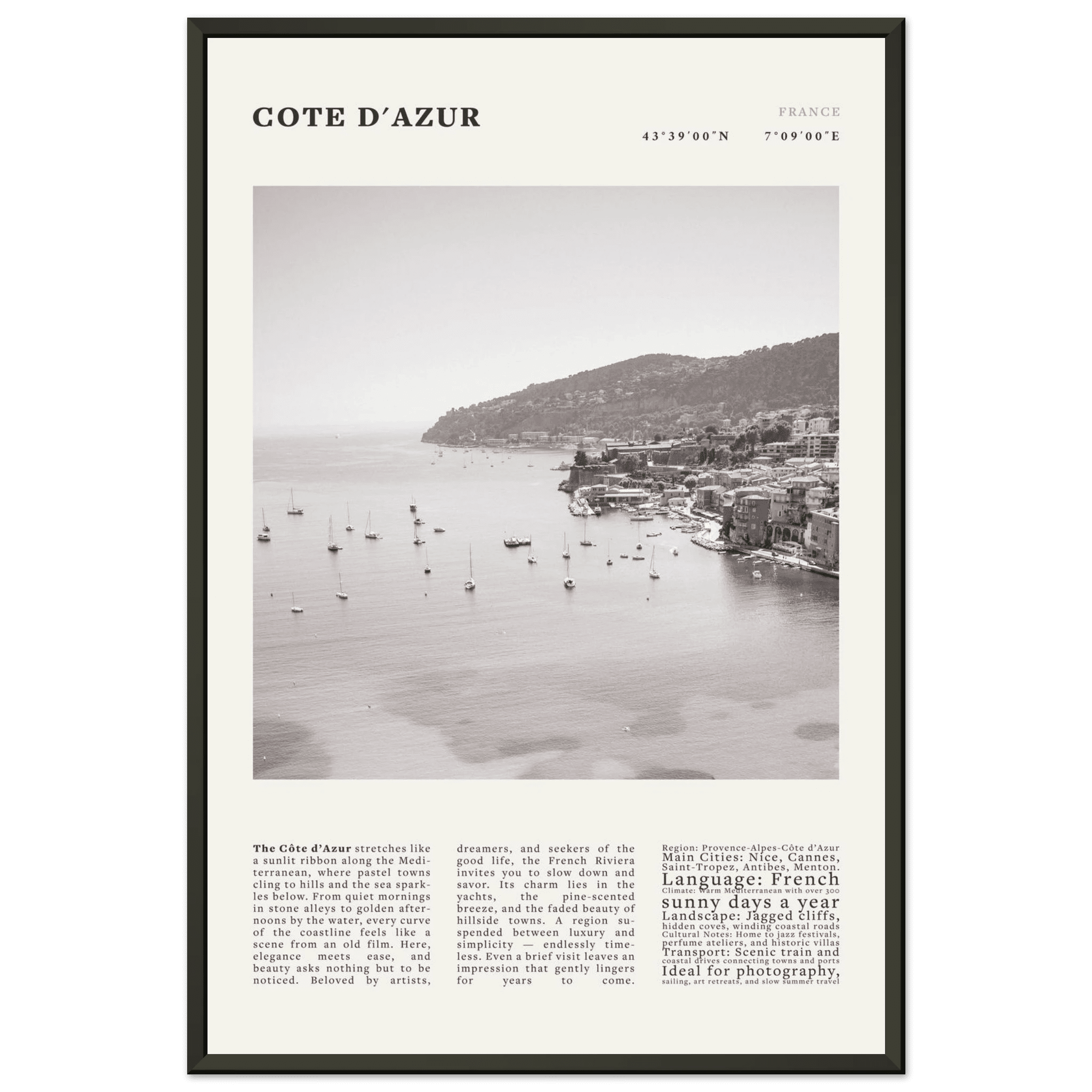 Côte d'Azur Poster Black and White – Vintage French Riviera Coast Print (Digital & Printed Options) - Evergreen Posters